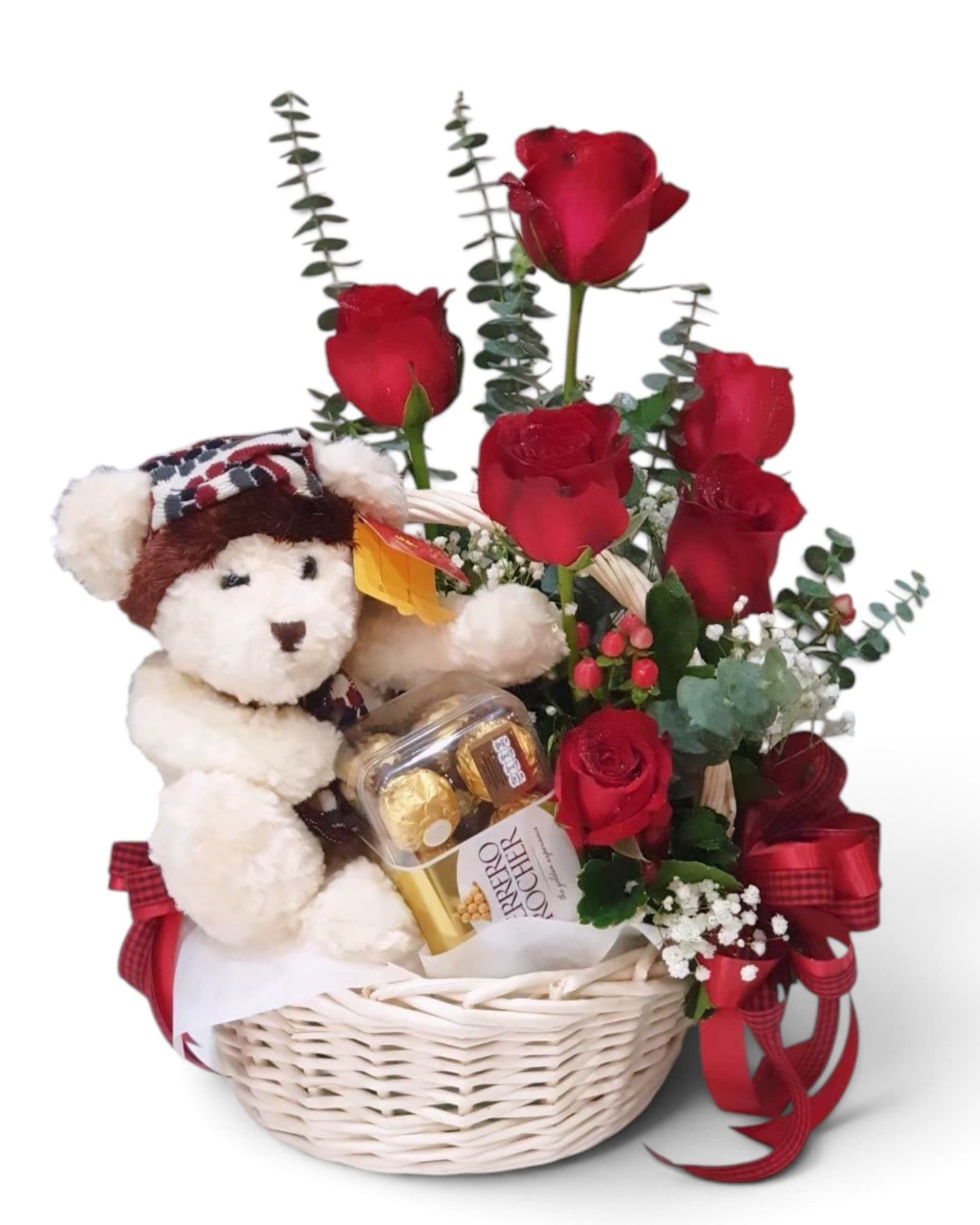 Sweet Red Love Basket Red Rose, Teddy Bear & Ferrero Rocher
