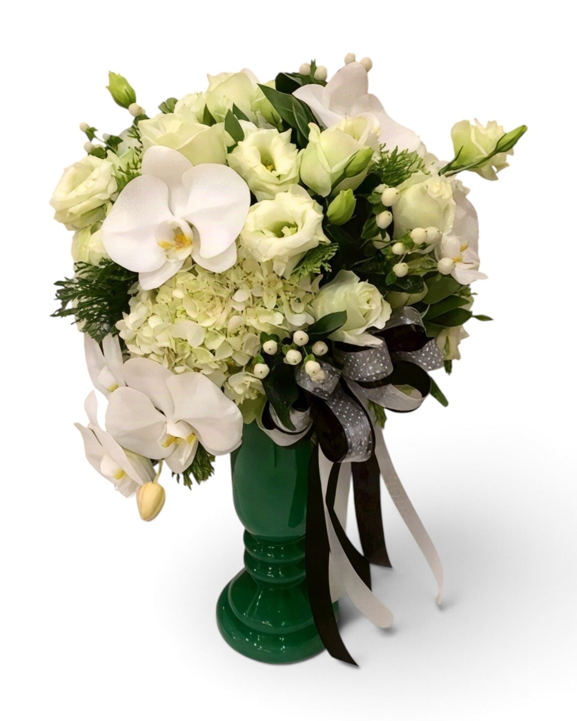White Purity Orchid, Hydrangea & Rose Vase in Emerald Green
