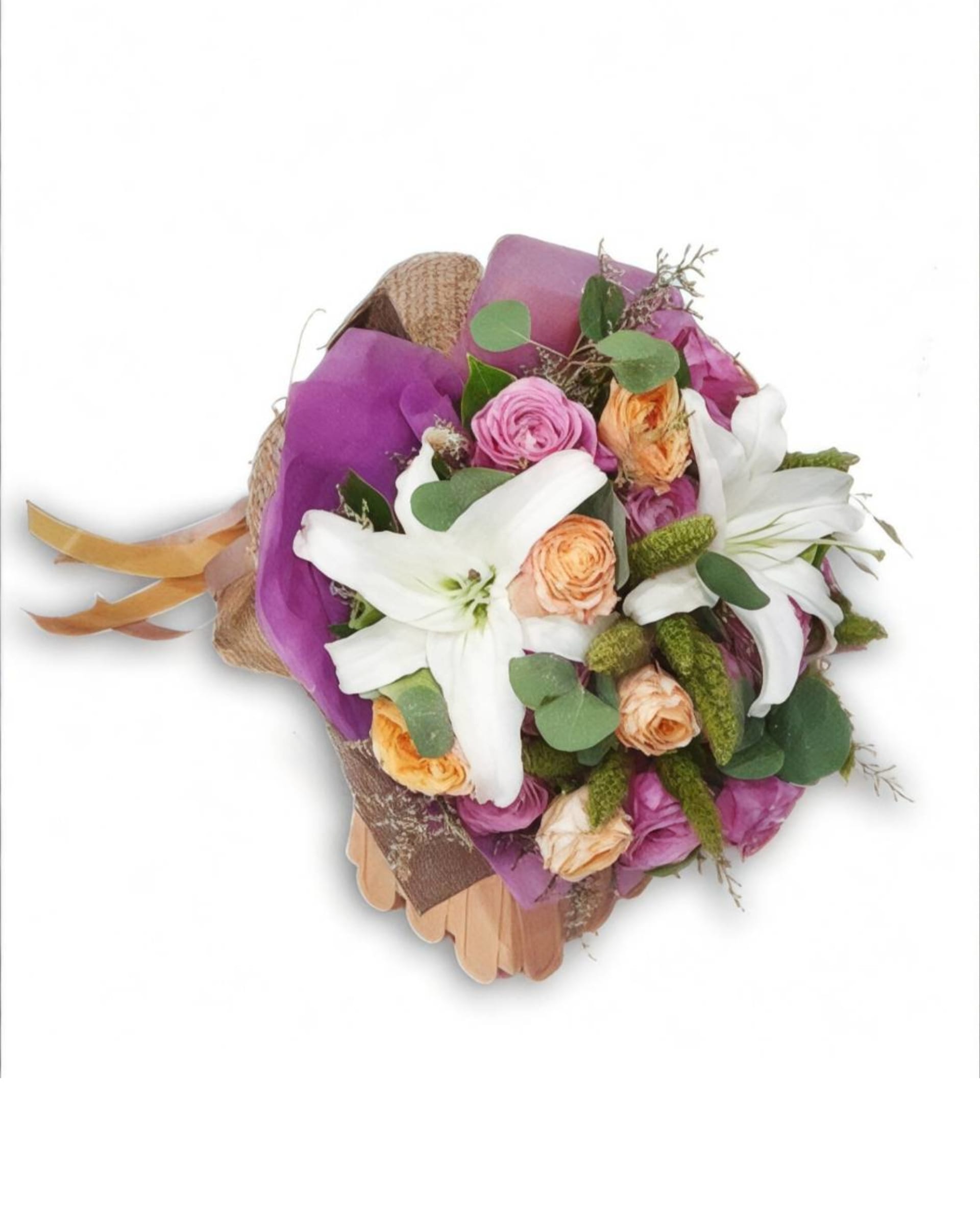 Vintage Elegance White Lily & Mixed Rose Rustic Bouquet