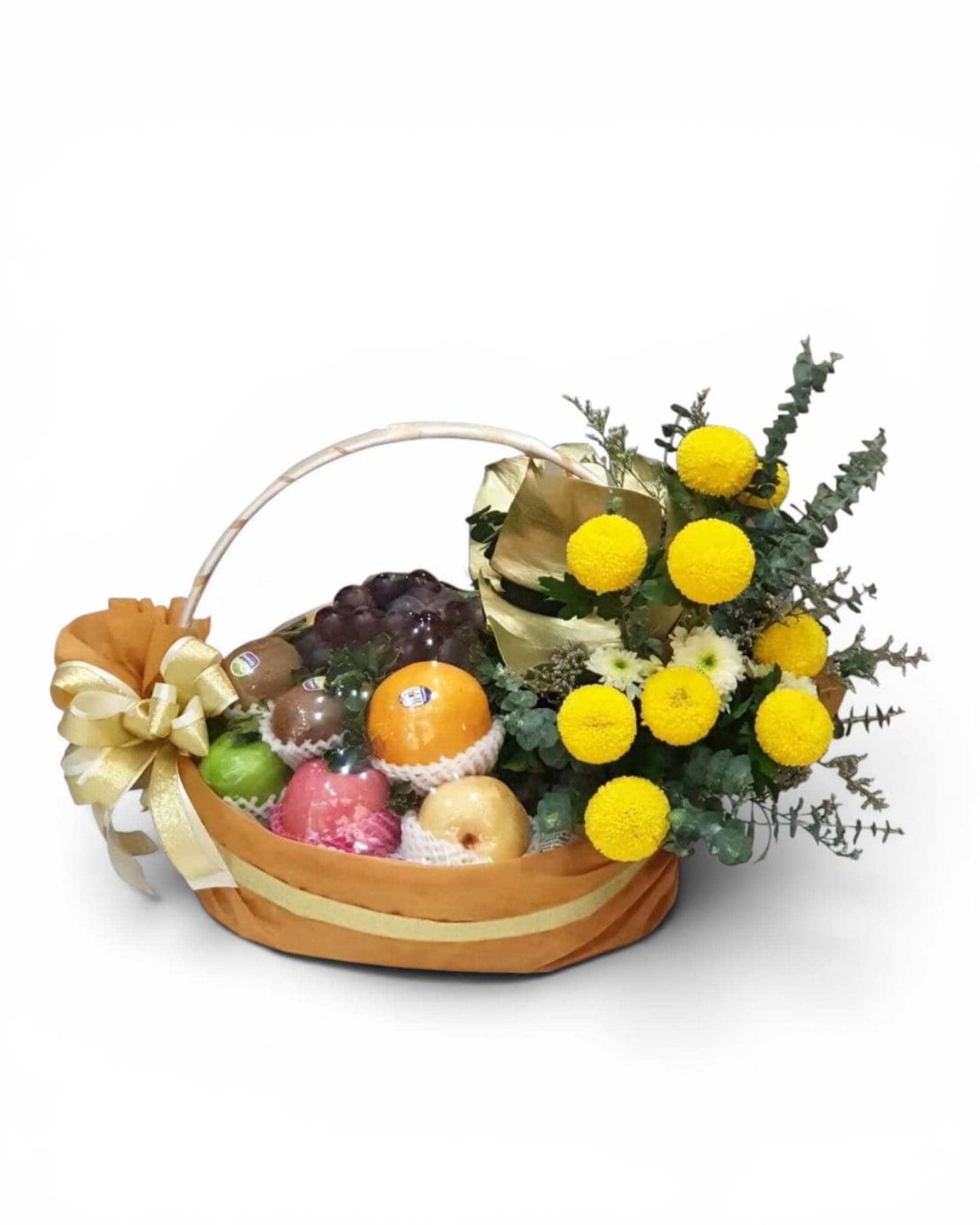 Sunny Fruit & Mum Basket — Seasonal Fruits with Yellow Pom-Pom Mums