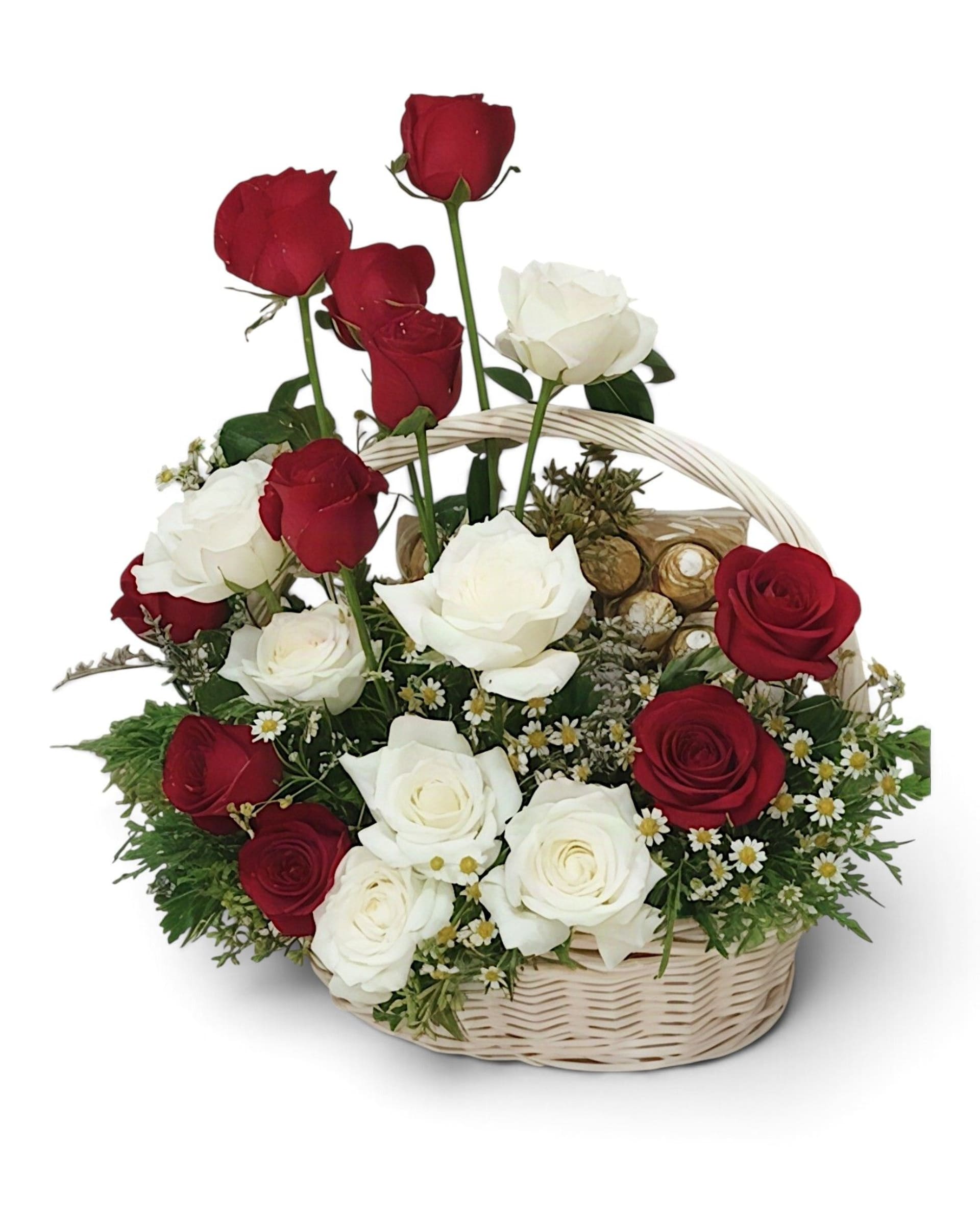 Red & White Love Basket Red & White Rose with Ferrero Rocher