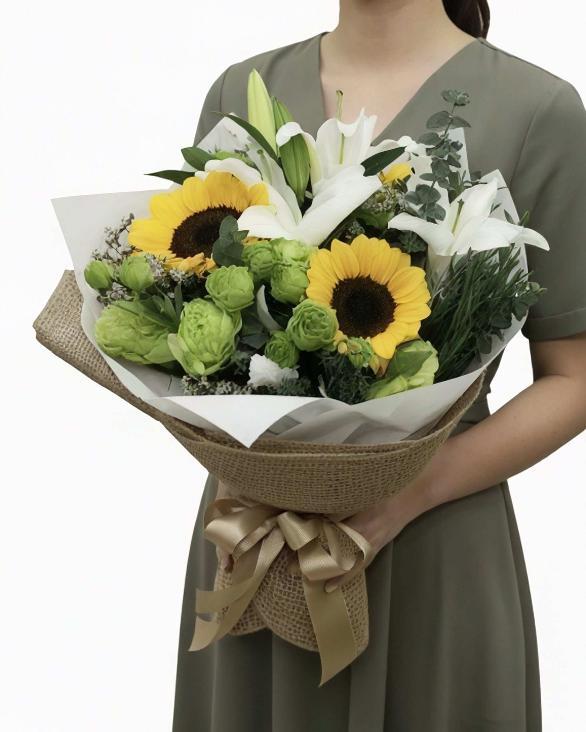 Model with Sunshine Garden Sunflower, White Lily & Green Carnation Bouquet.