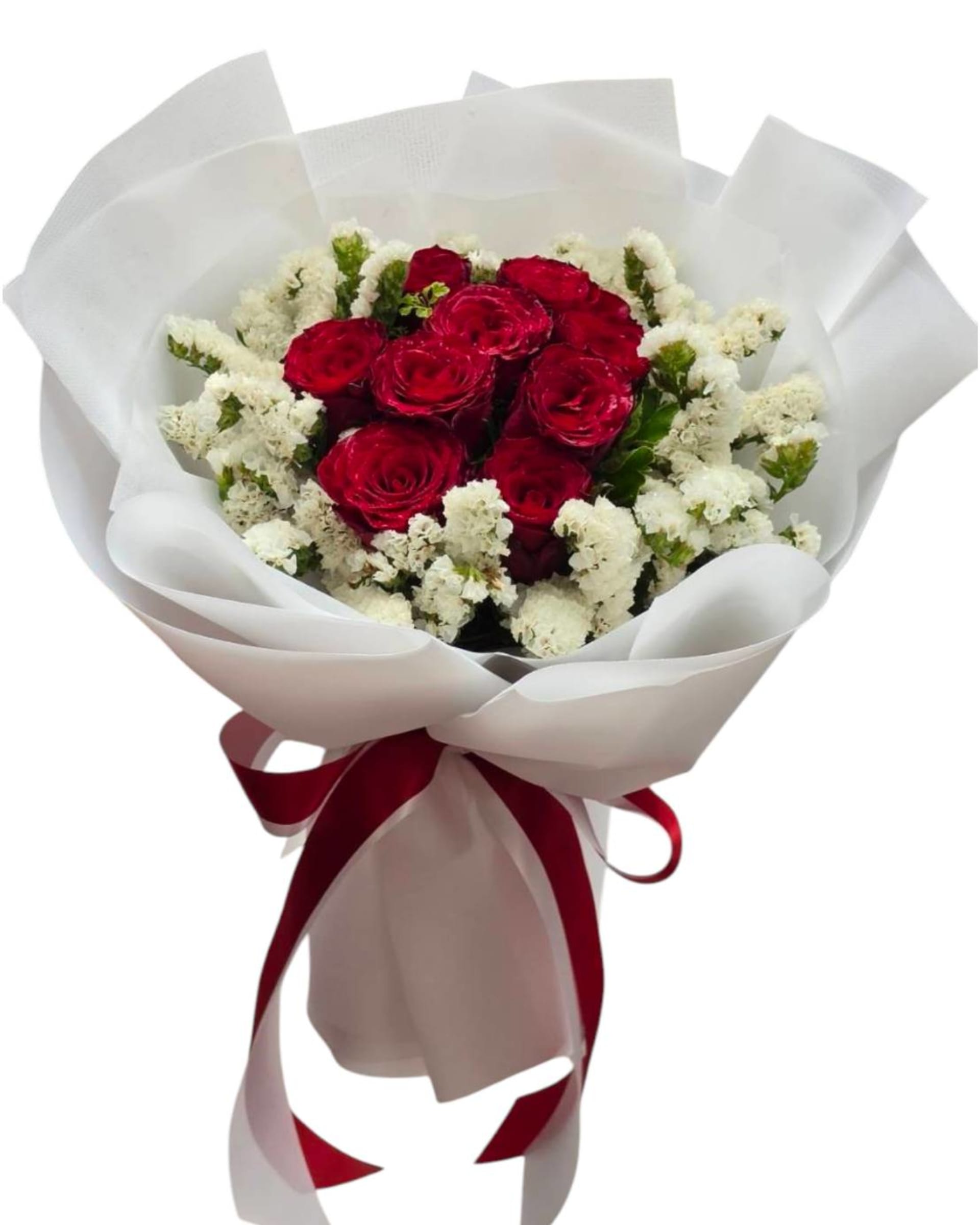 Red & White Bloom Rose and Statice Bouquet