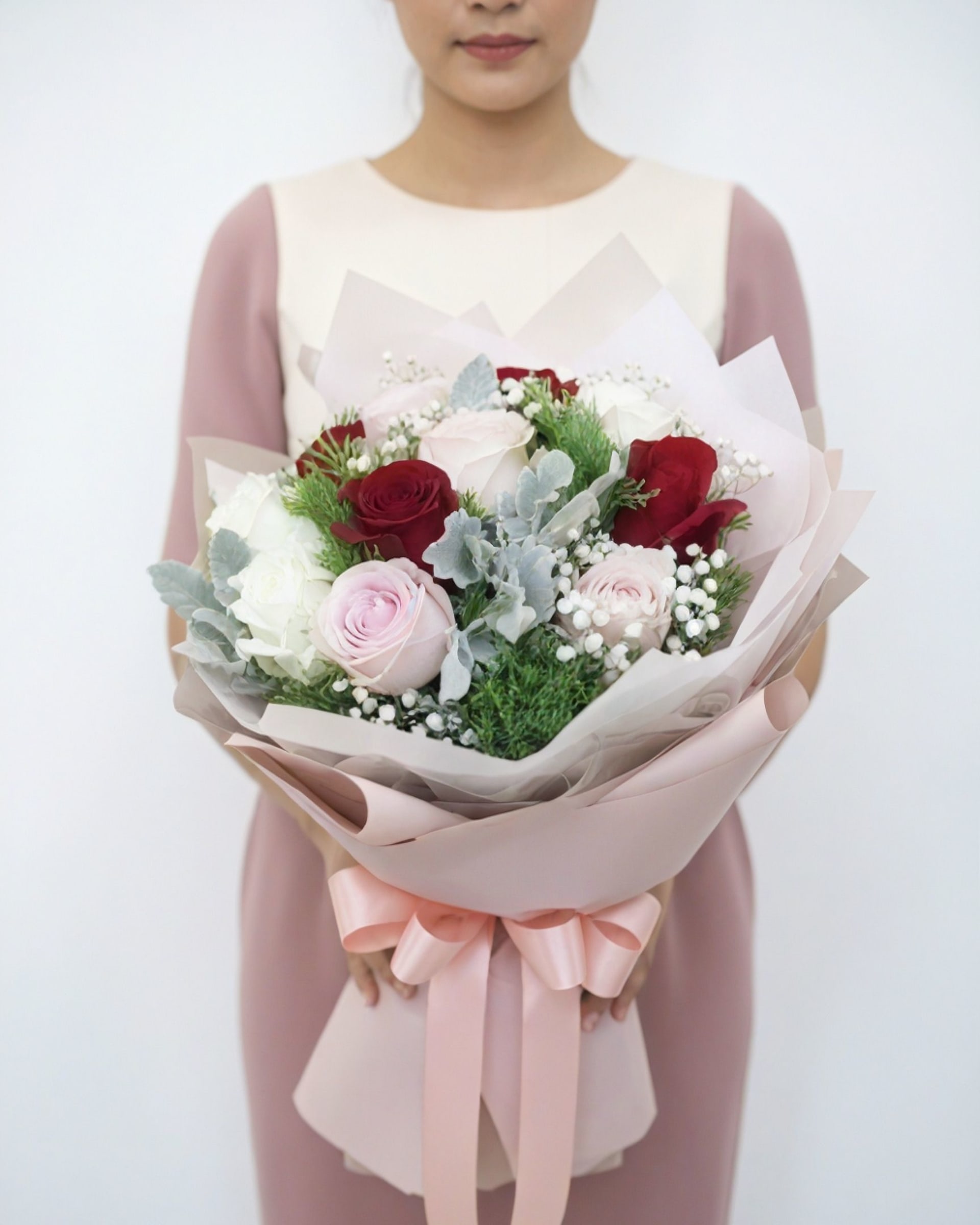 Tricolour Romance Red, Pink & White Rose Bouquet