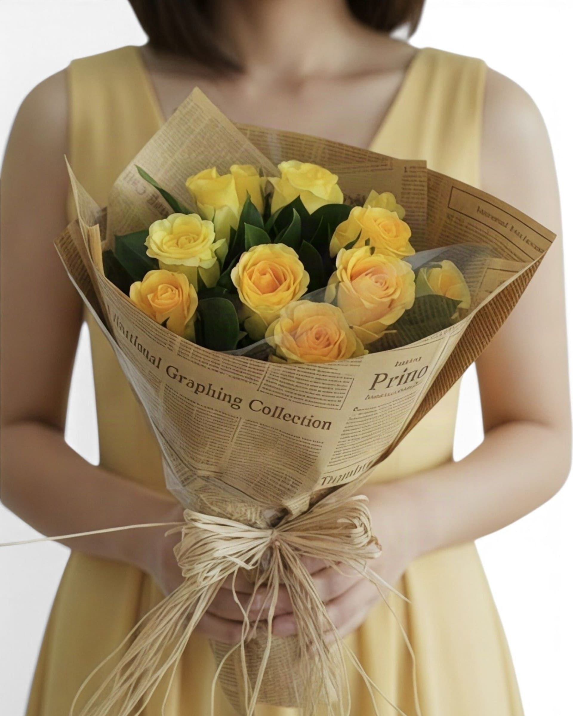 Model with Sunny Rustic Yellow Rose Bouquet