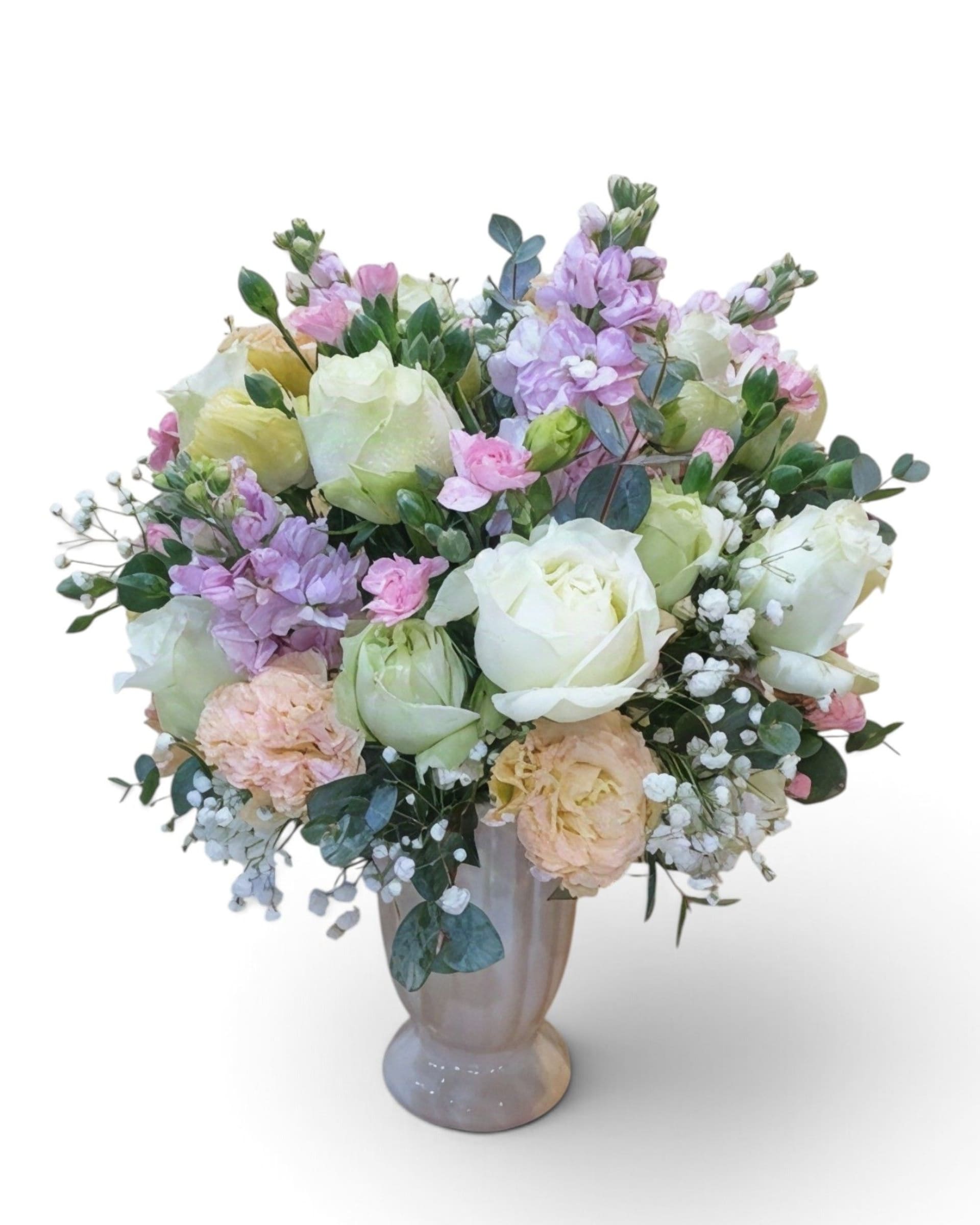 Pastel Dream White Rose, Peach Carnation & Stock Vase