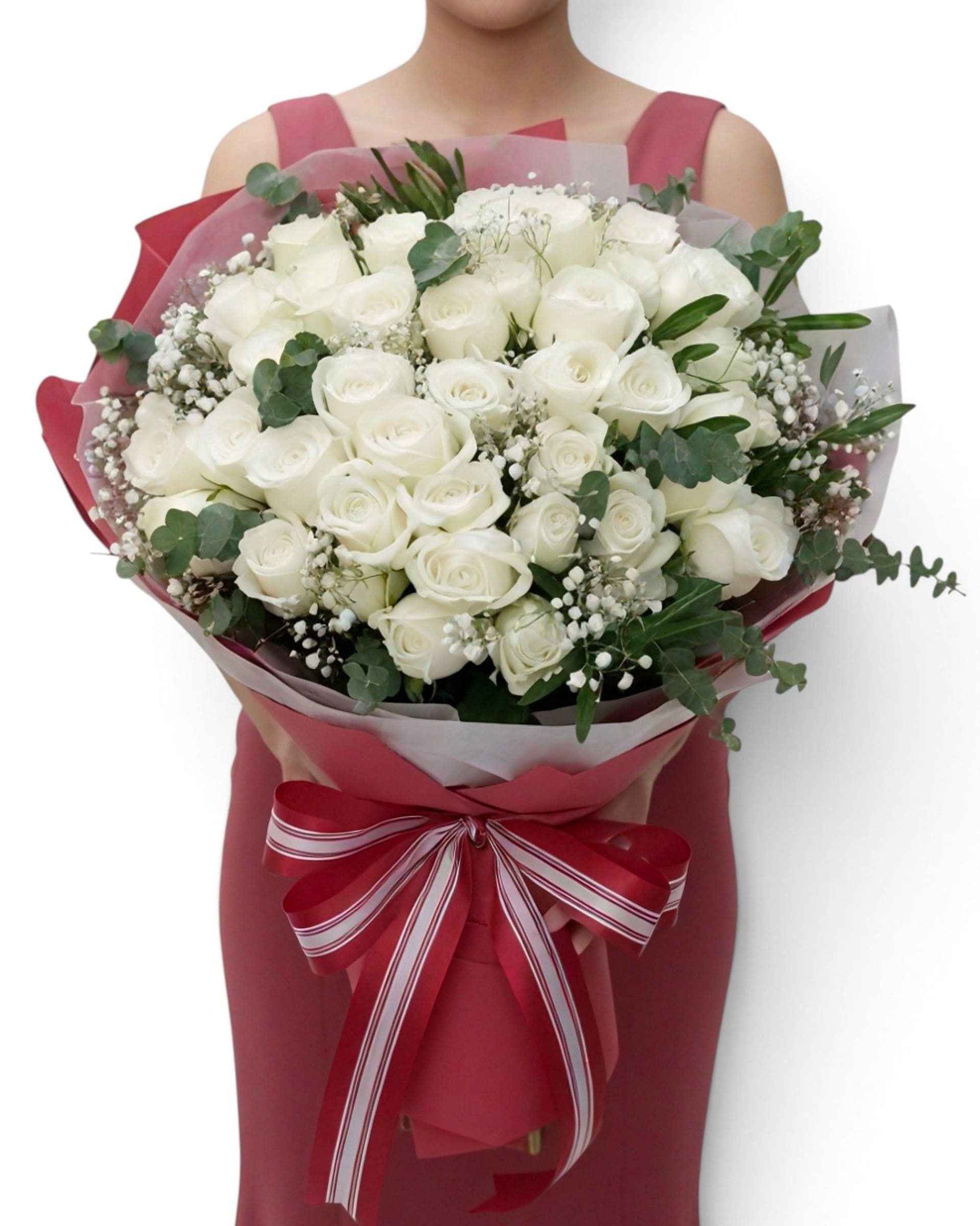 Model with Pure White Love White Rose Bouquet