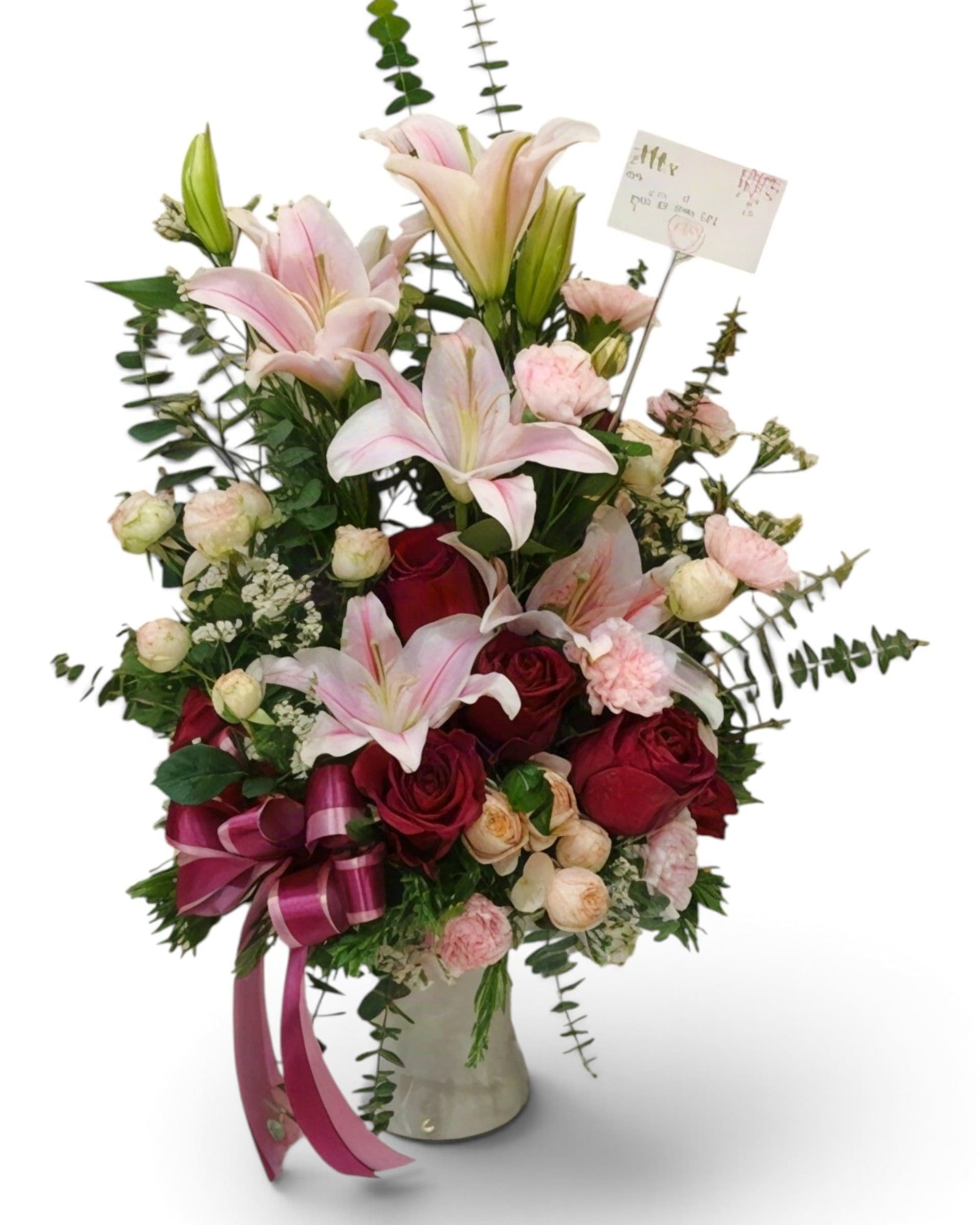 Blushing Romance Pink Lily & Red Rose Premium Vase