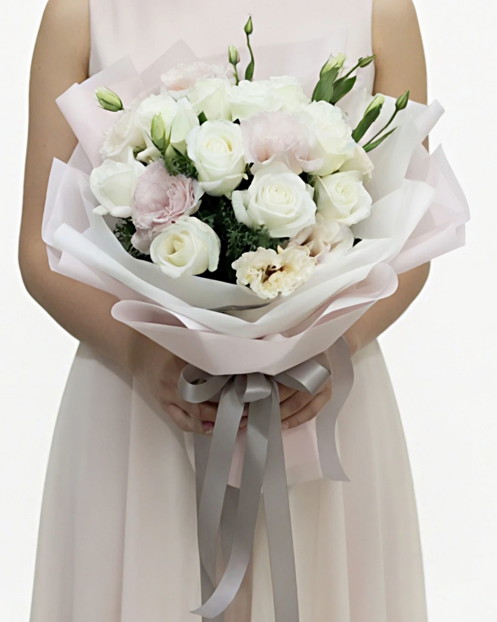 Innocent Love White Rose & Pink Lisianthus Bouquet