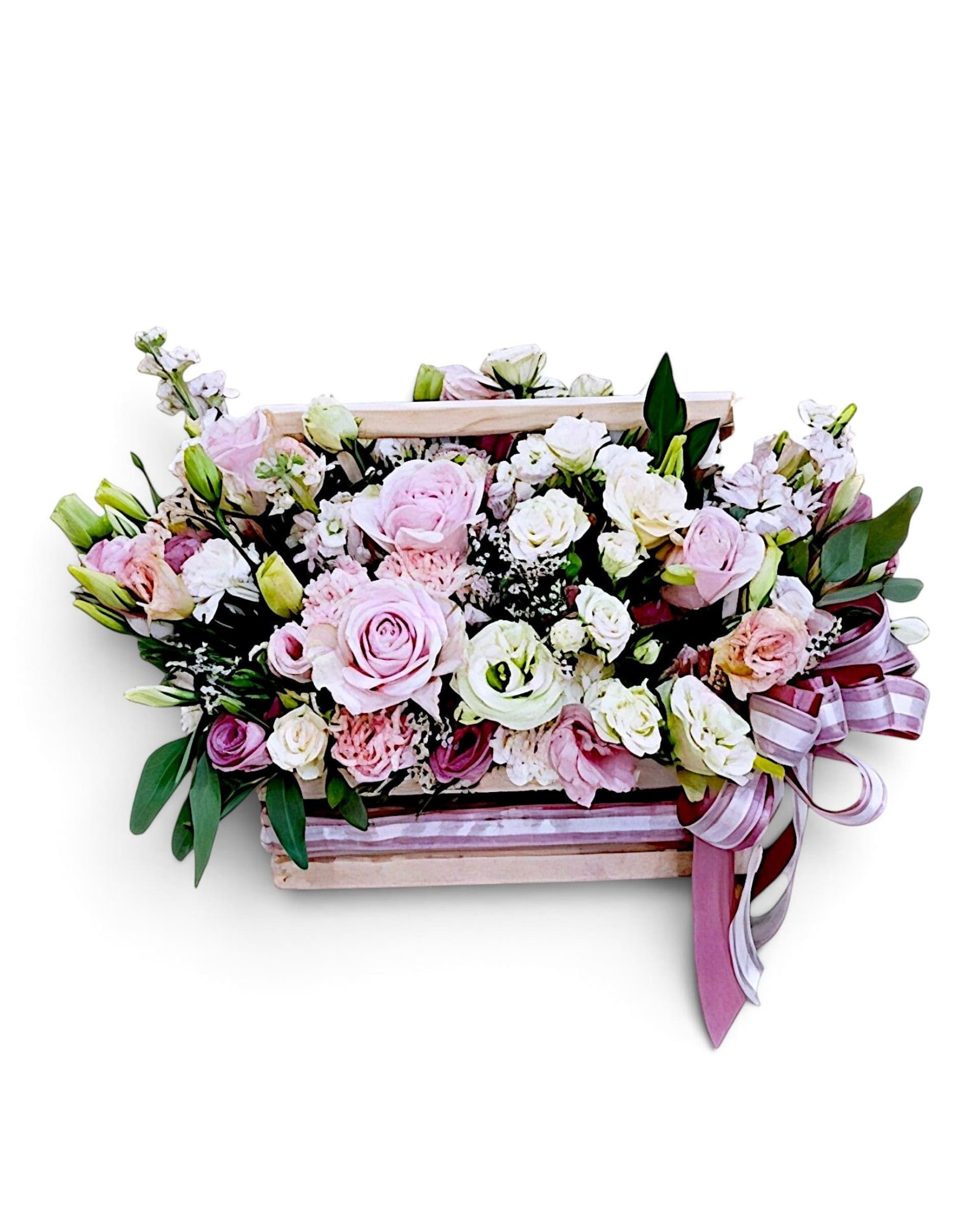 Rustic Pink Garden Rose & Lisianthus Wooden Crate