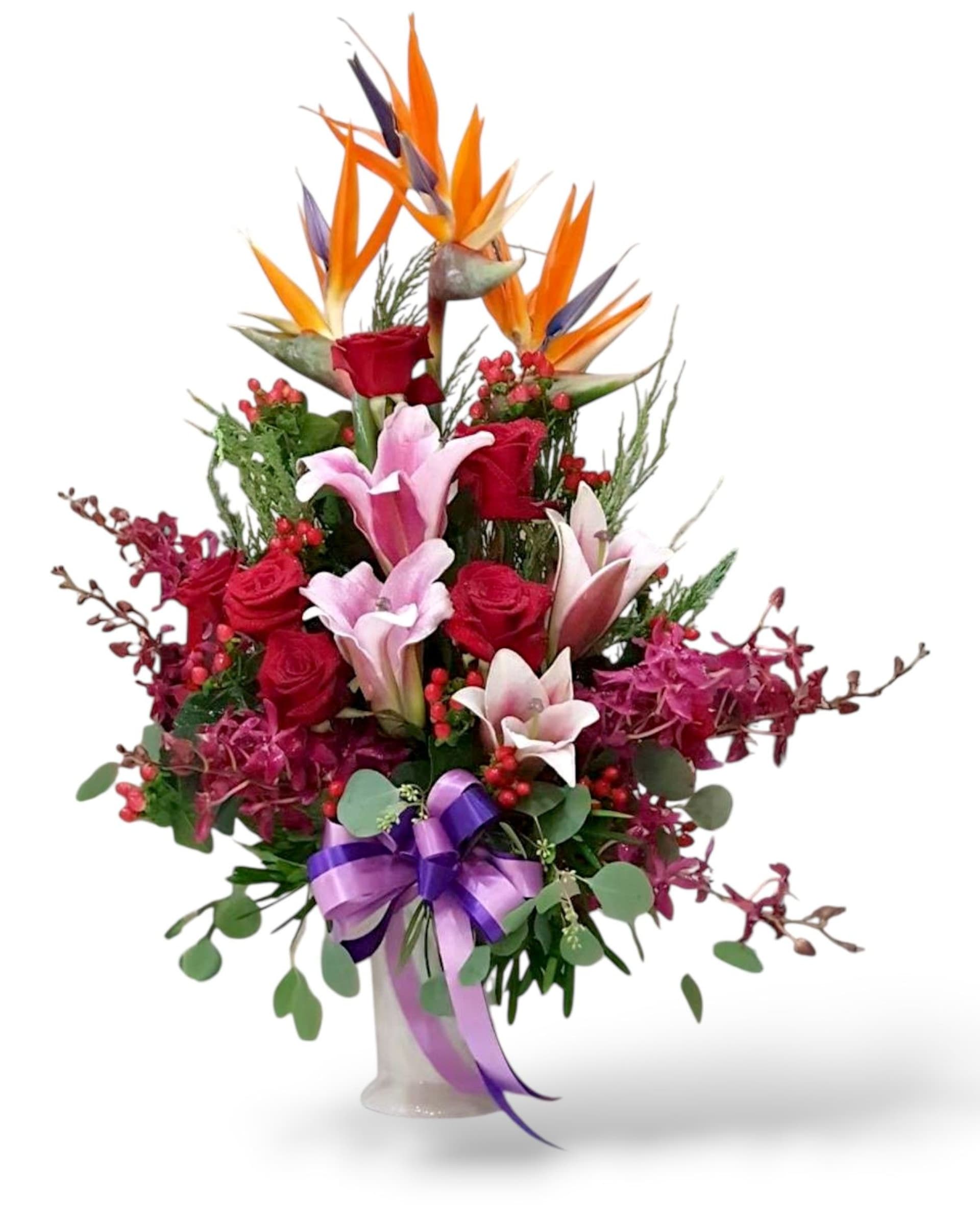 Tropical Grandeur Bird of Paradise, Red Rose & Lily Vase