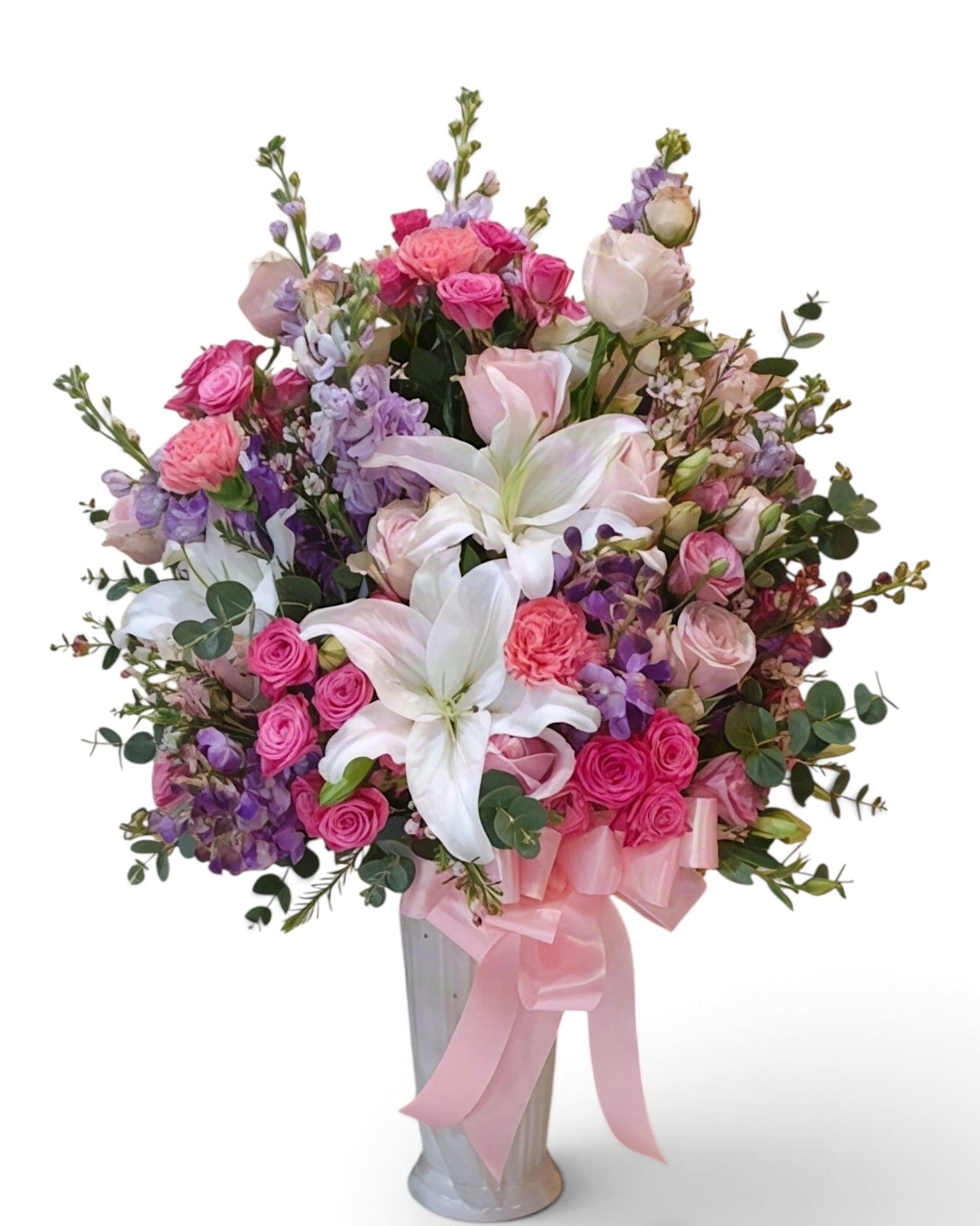 Garden of Romance White Lily, Pink Rose & Stock Premium Vase