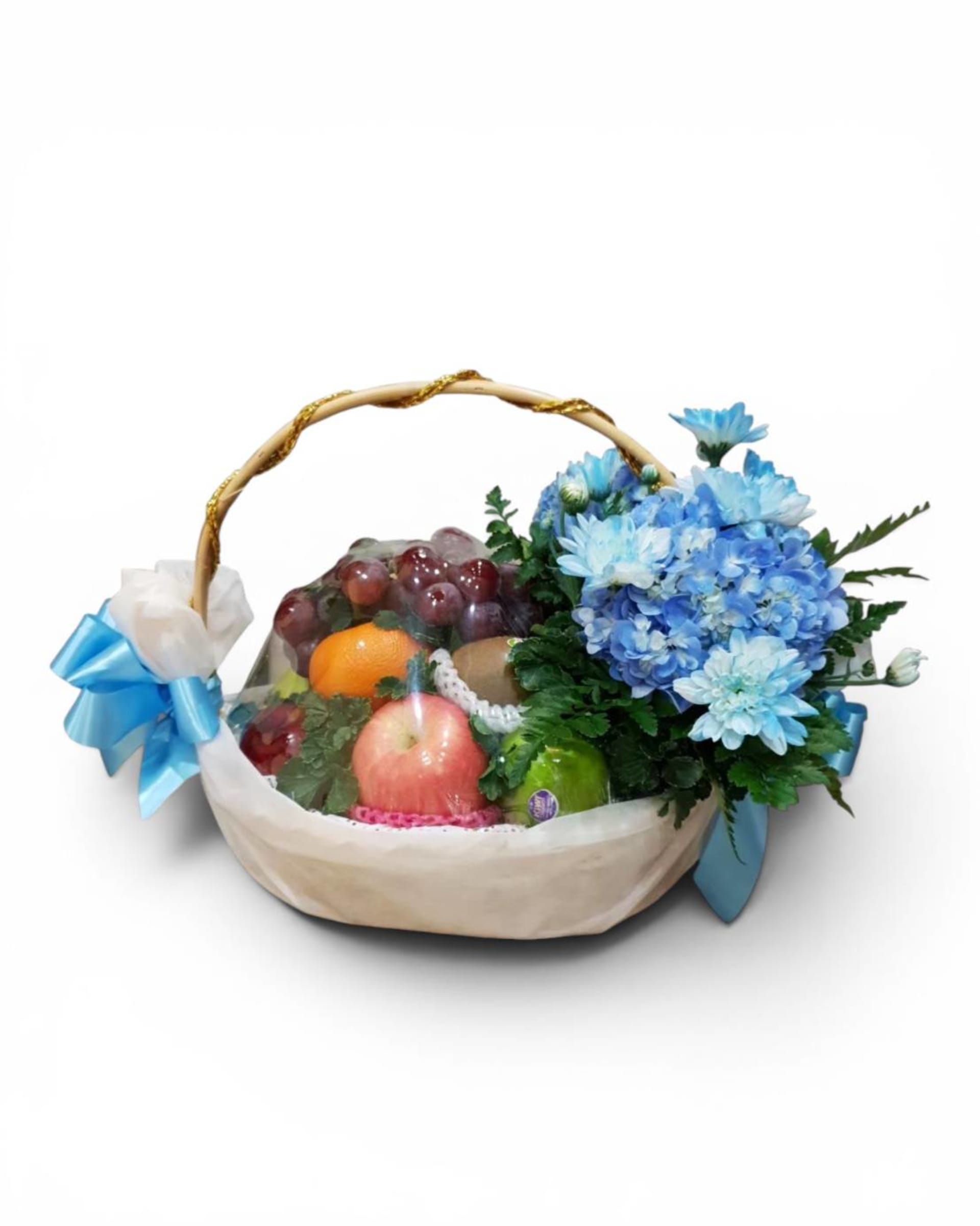 Blue Bloom Fruit Basket — Fresh Fruits with Blue Hydrangea & Chrysanthemum