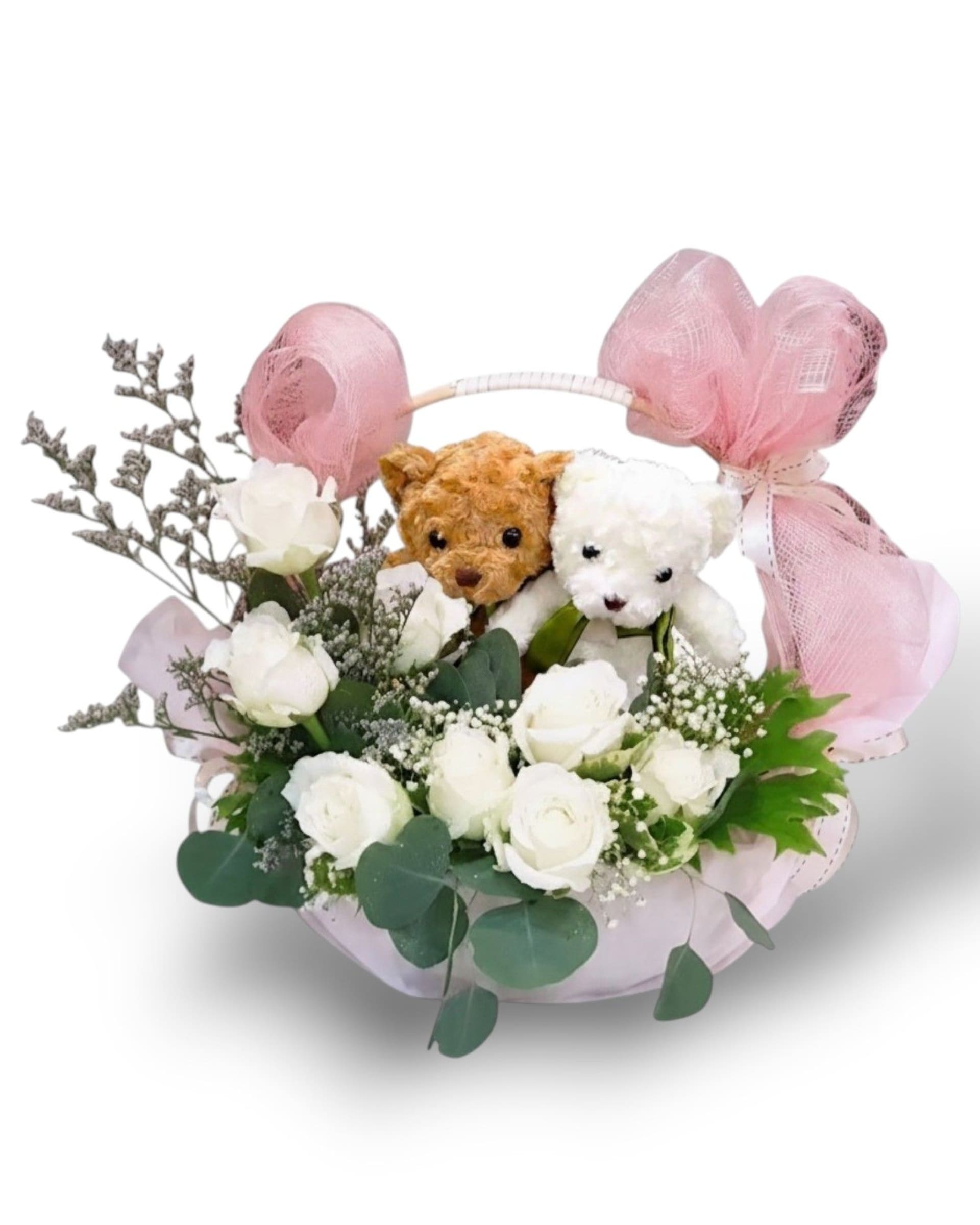 Sweet Couple Basket White Rose & Teddy Bear Pair Arrangement
