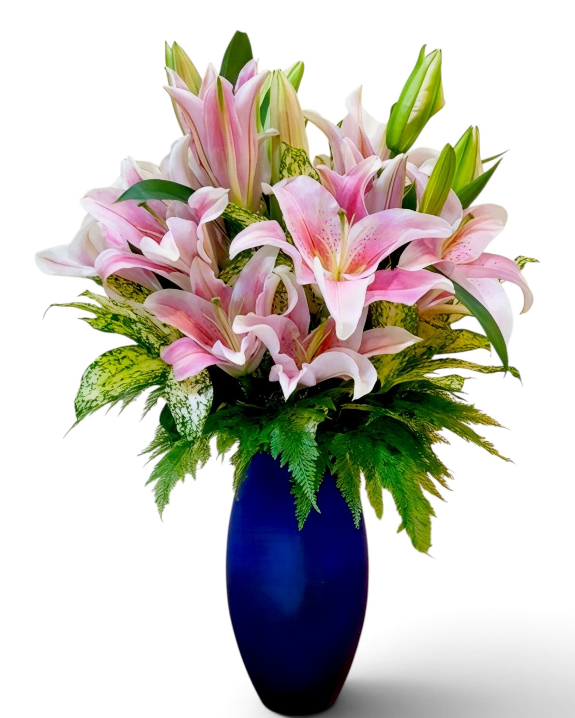 Pink Lily Royale Stargazer Lily Vase in Cobalt Blue Glass