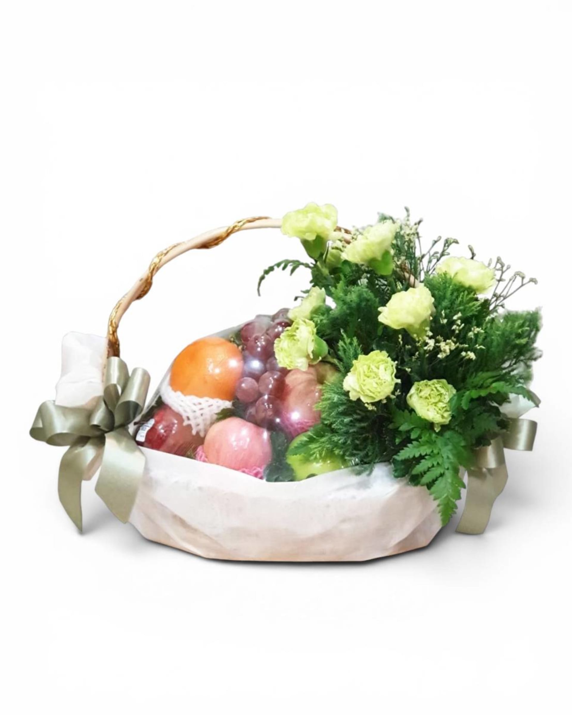 Fresh Green Fruit Basket — Fresh Fruits with Green Lisianthus Arrangement