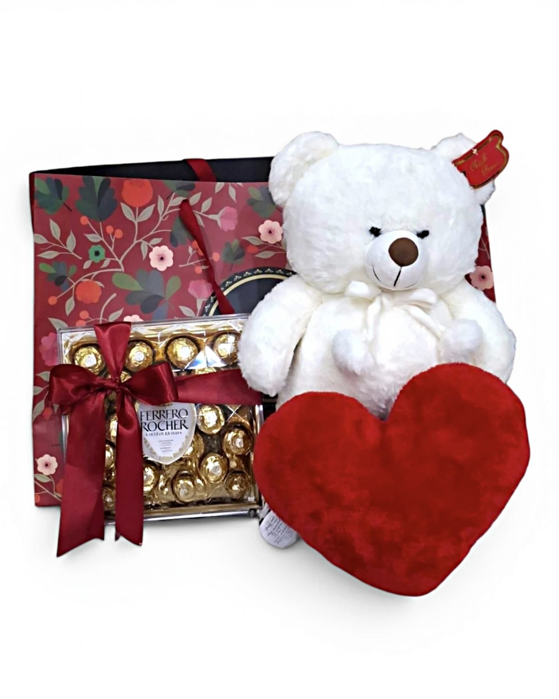 White Teddy Bear, Heart Pillow & Ferrero Rocher Chocolate Gift Set