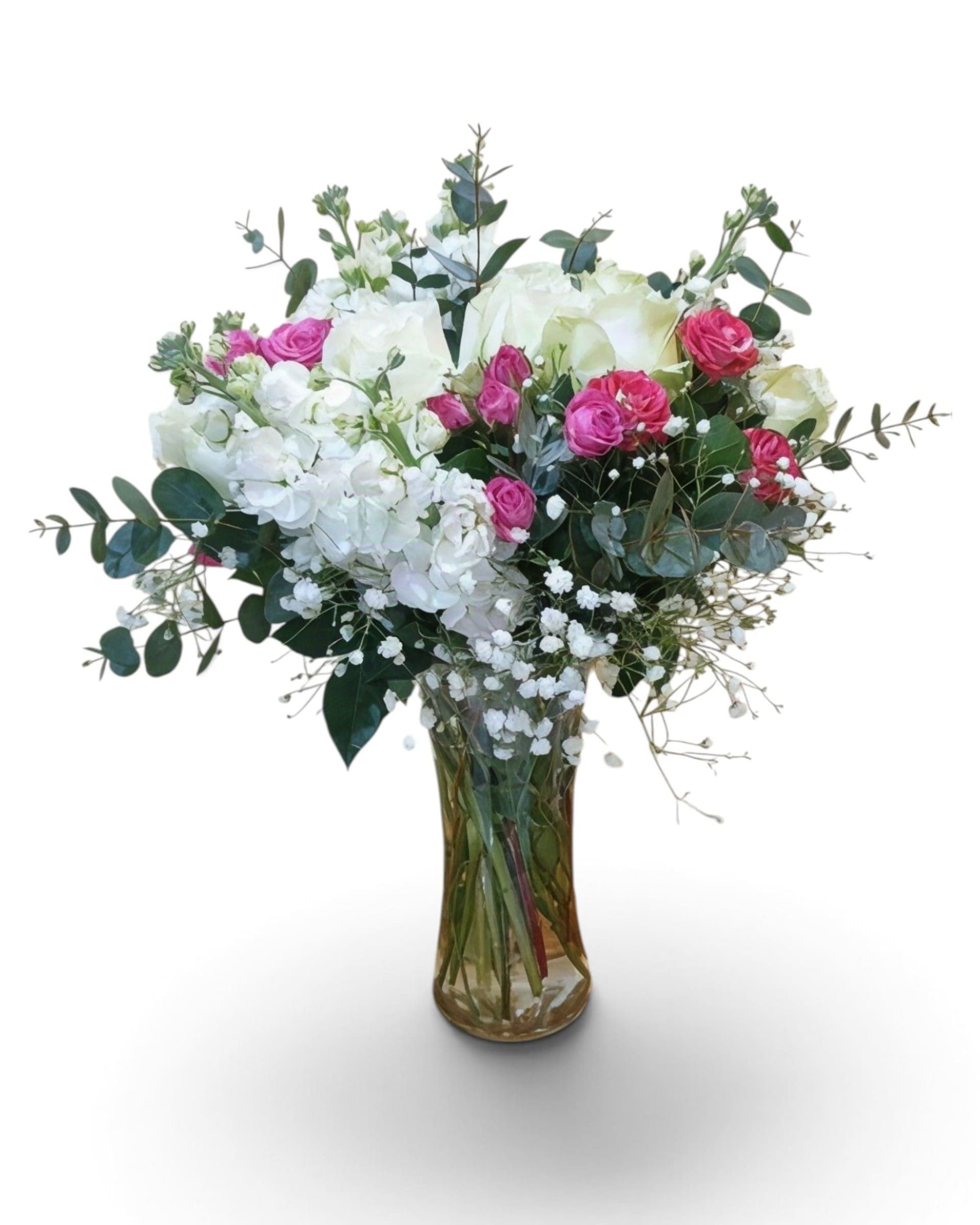 White Garden Romance Rose, White Stock Flower & Pink Spray Rose Vase