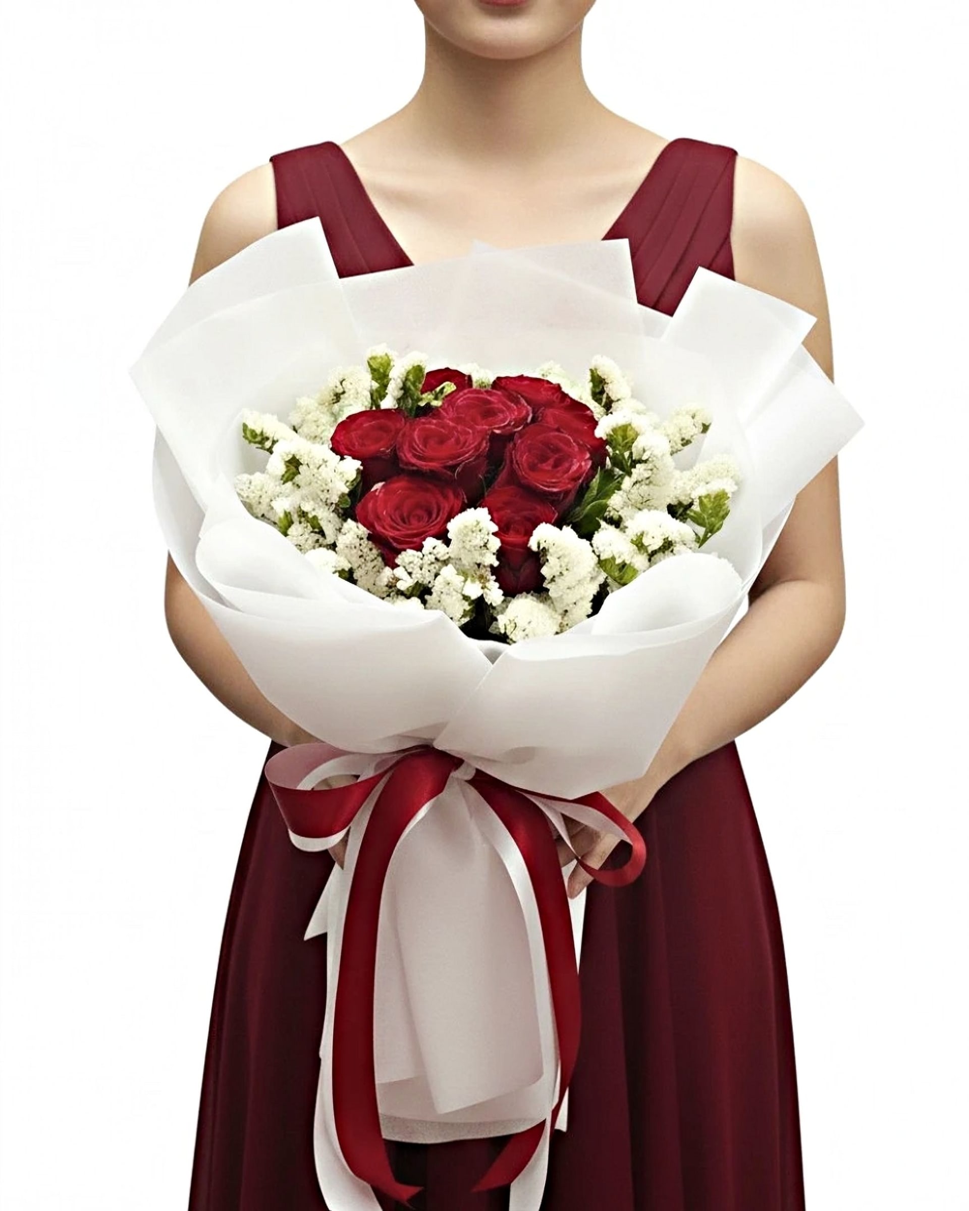 Red & White Bloom Rose and Statice Bouquet