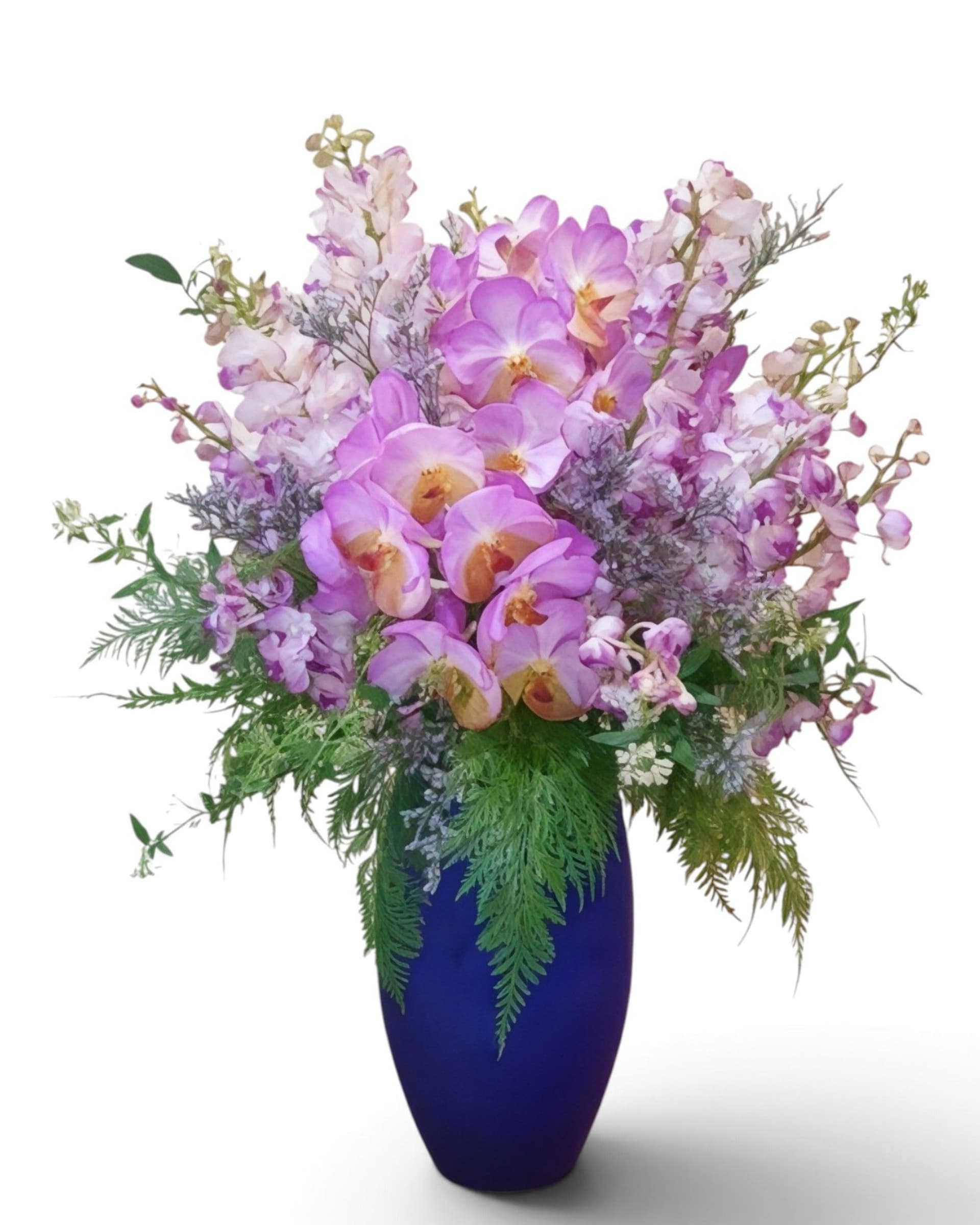 Purple Majesty Orchid & Snapdragon Vase in Cobalt Blue Glass