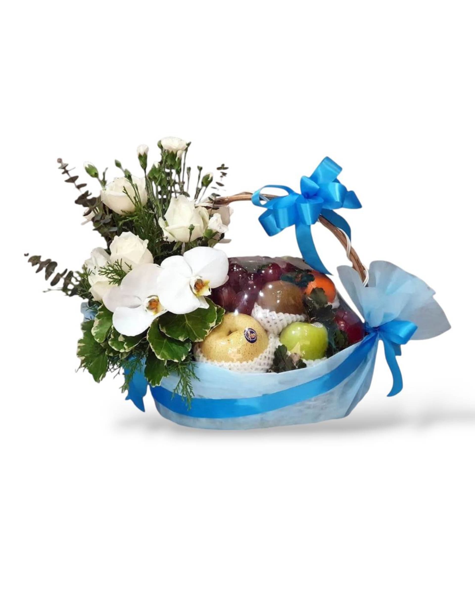White Elegance Fruit Basket — Premium Fruits with White Flower Arrangement