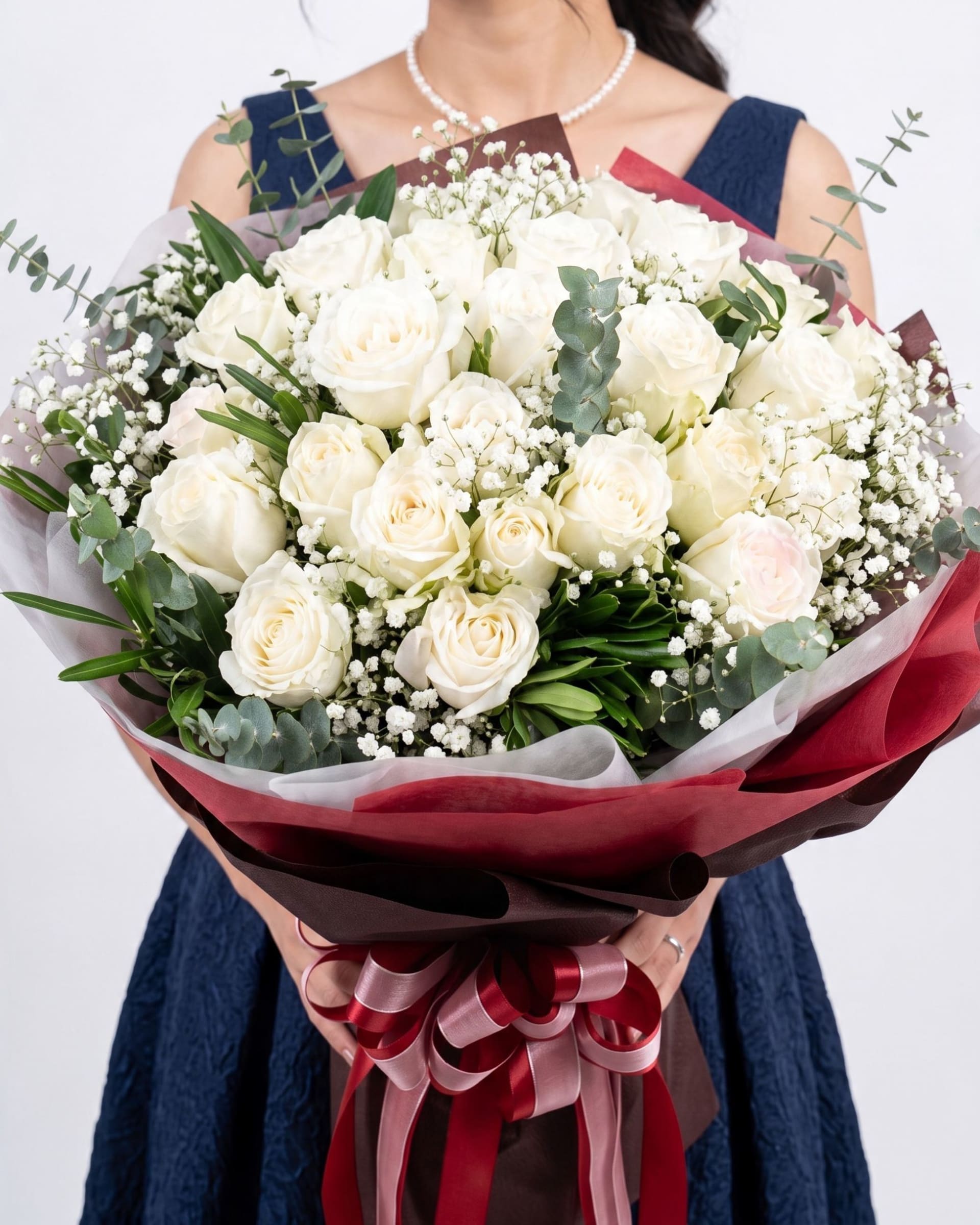 Model with Pure White Romance Bouquet