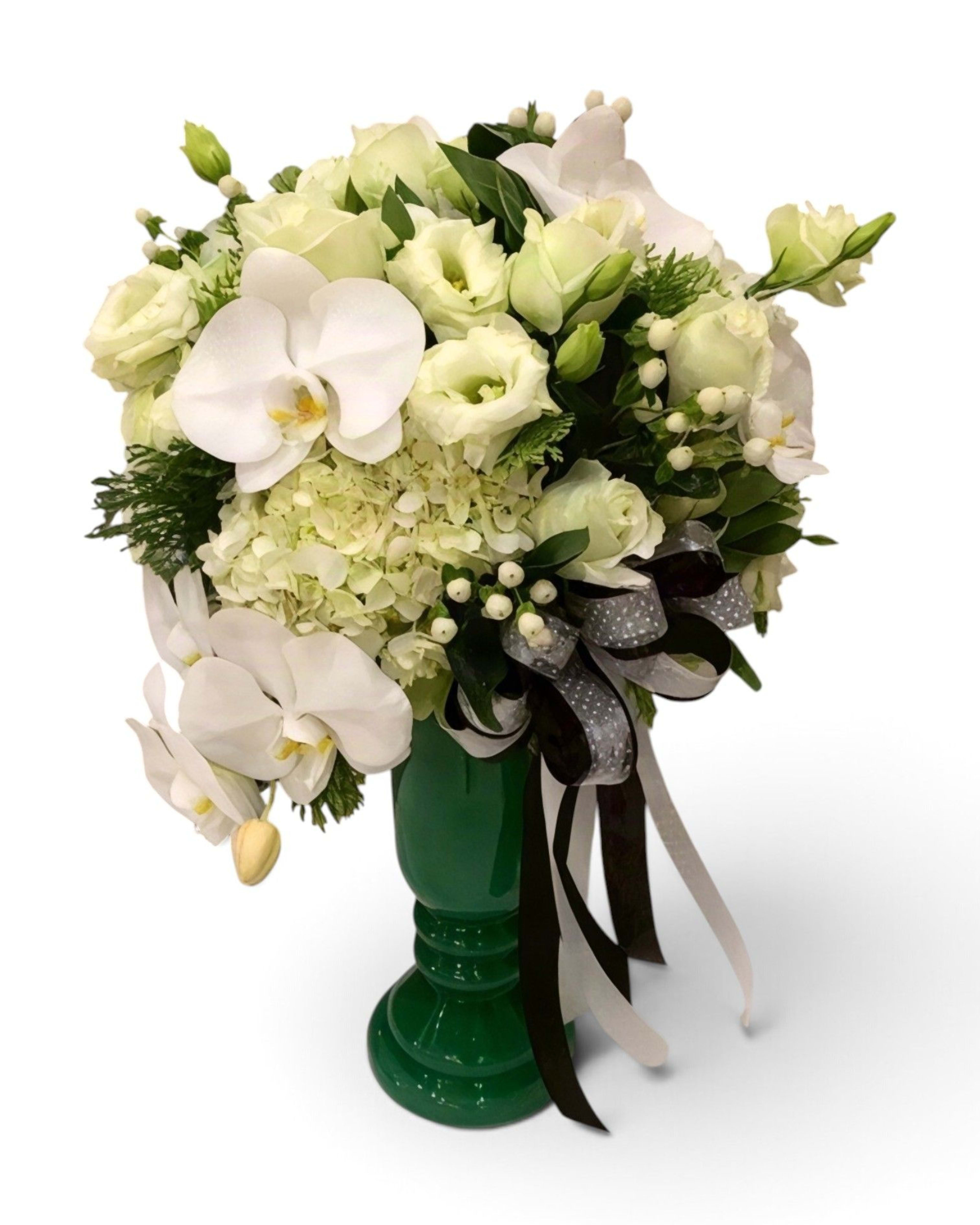 White Purity Orchid, Hydrangea & Rose Vase in Emerald Green