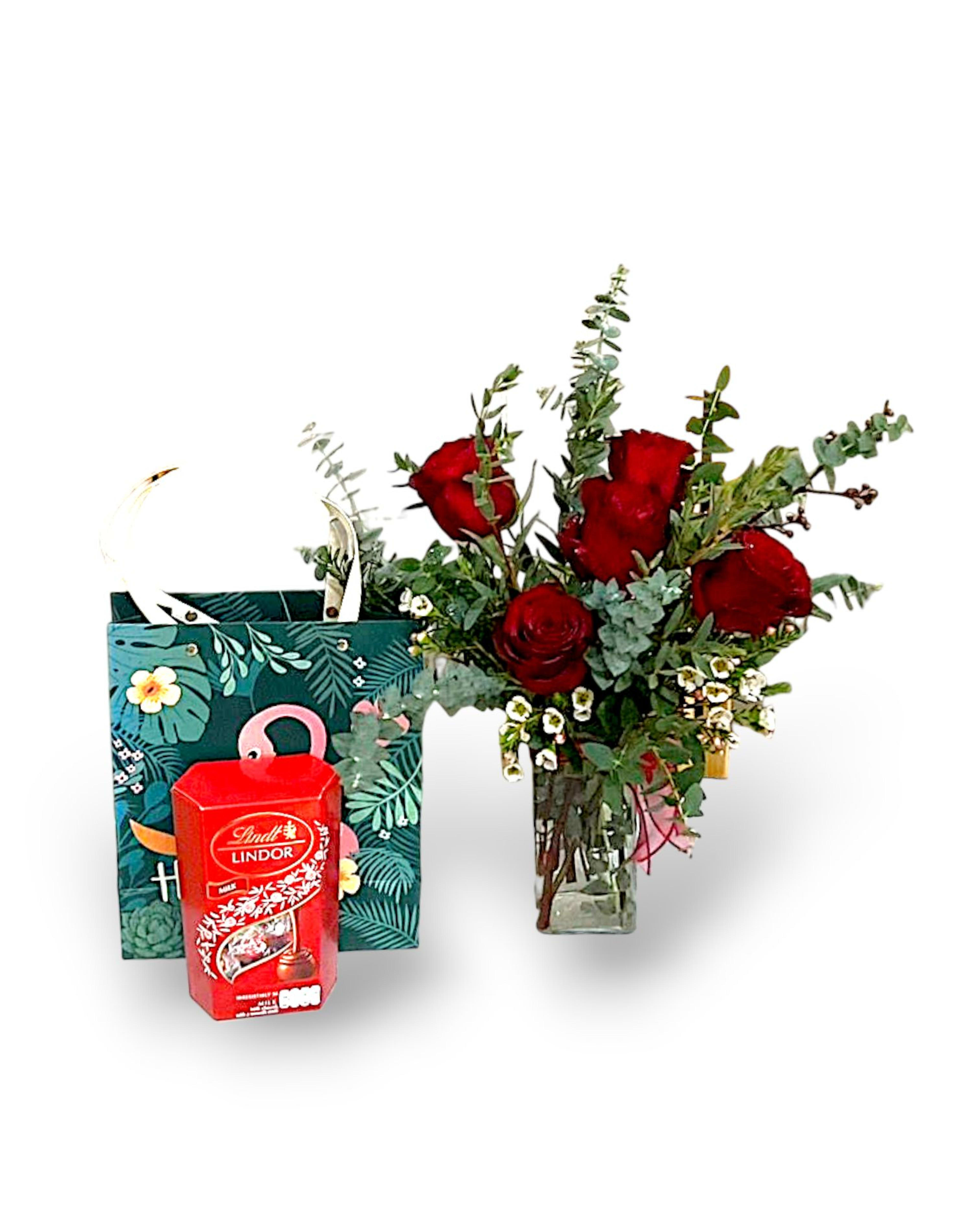 Red Rose Vase & Lindt Chocolate Set