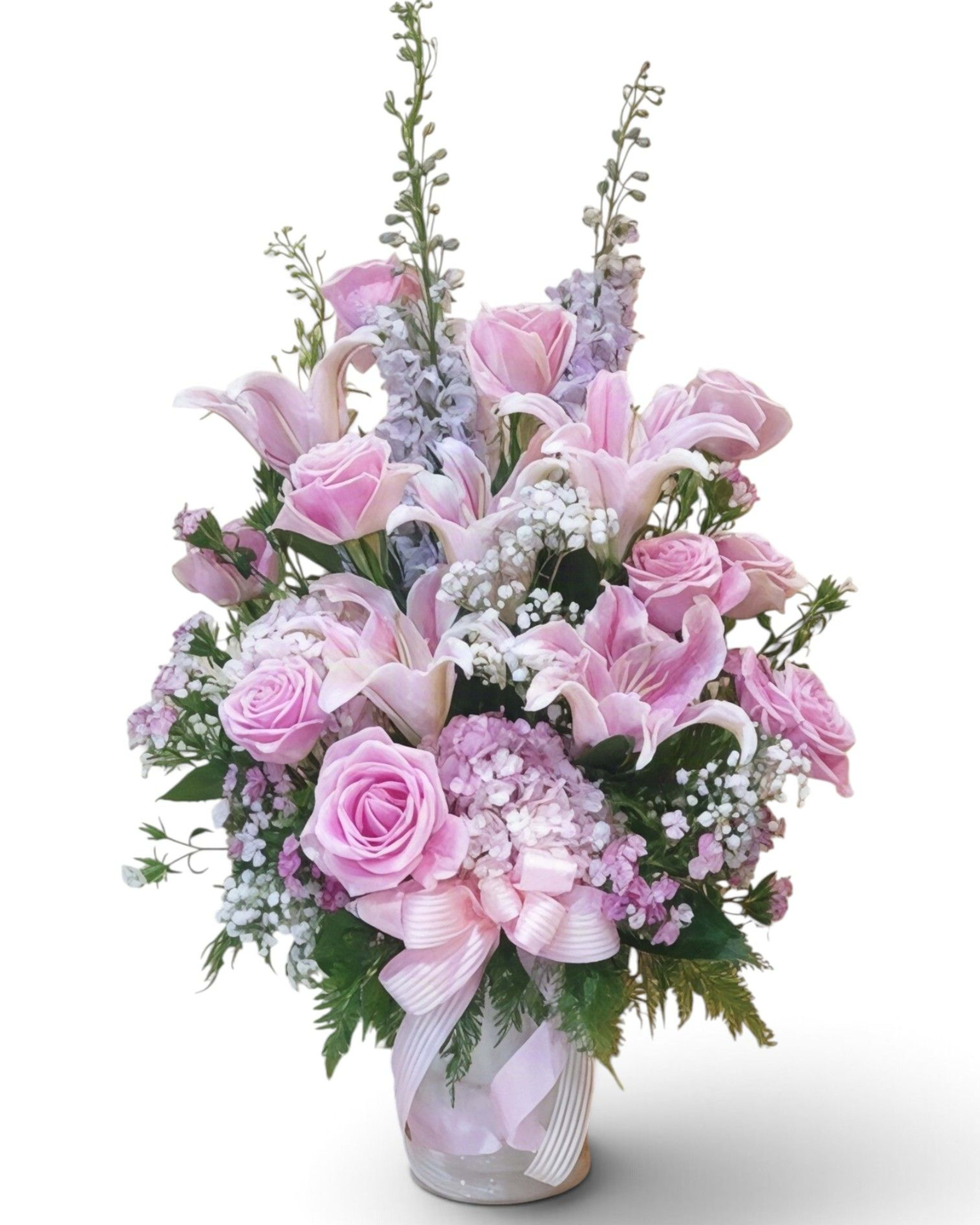 Pink Serenity Rose, Lily & Delphinium Premium Vase