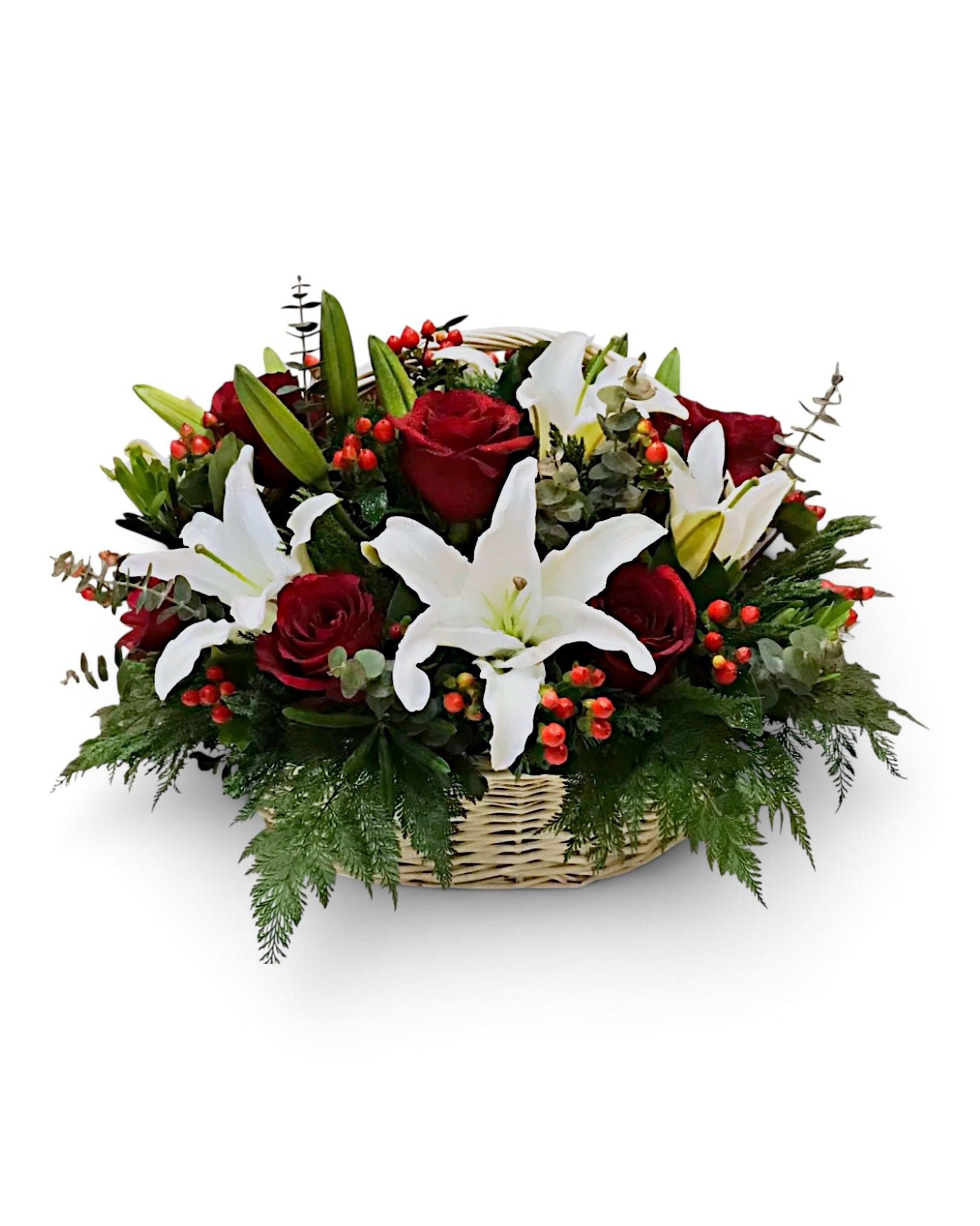 Classic Red & White Rose and Lily Flower Basket