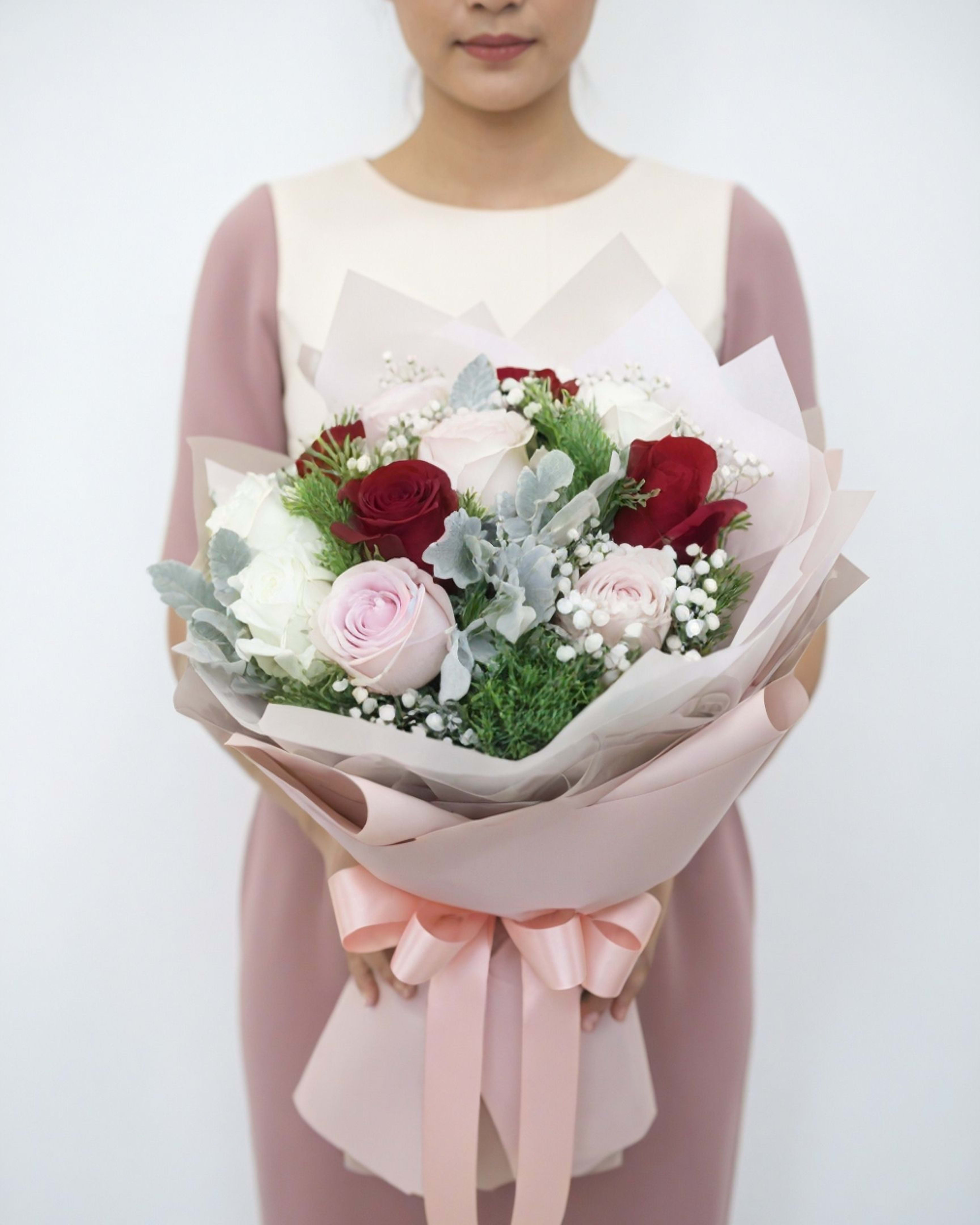 Tricolour Romance Red, Pink & White Rose Bouquet