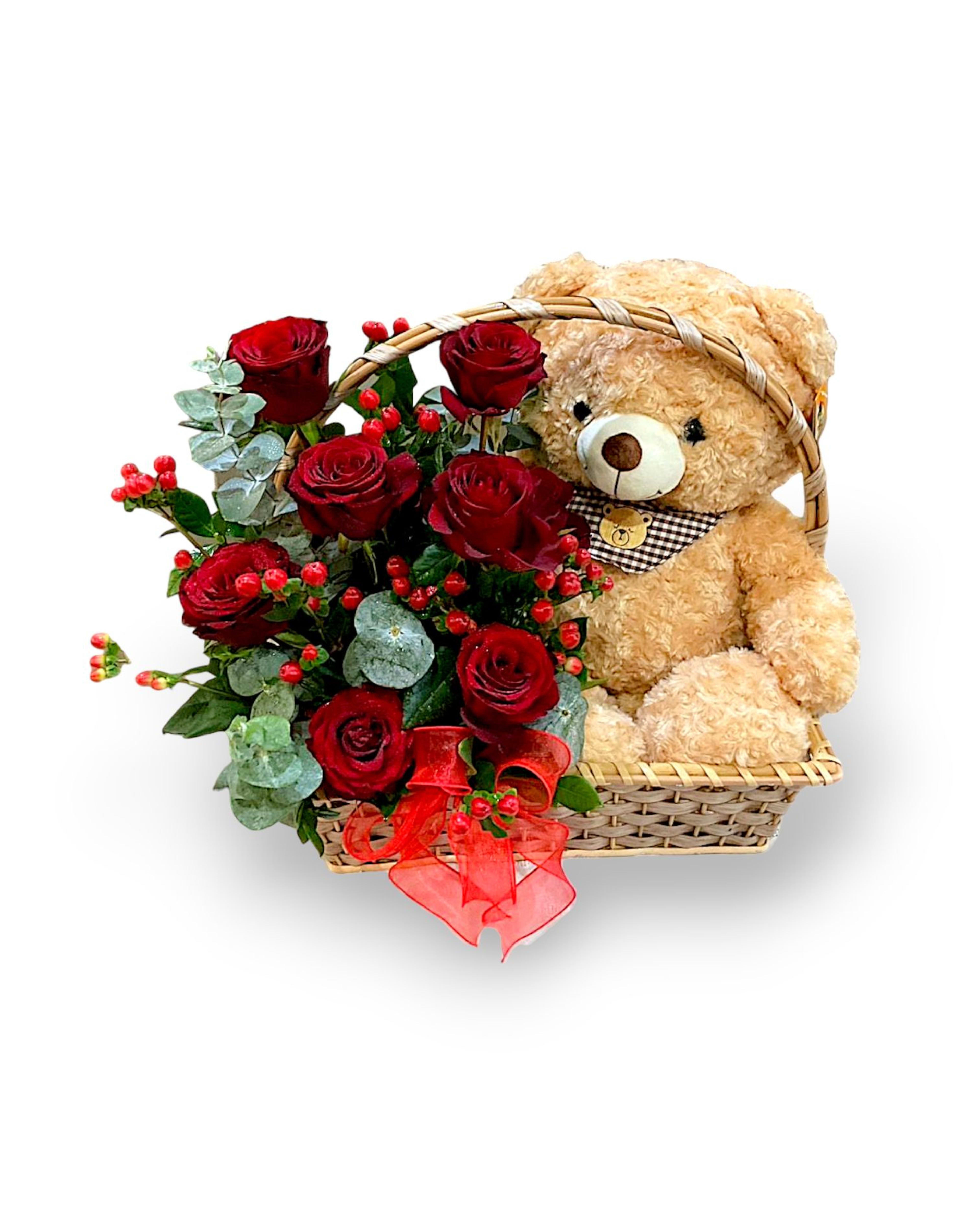 Sweet Bear Rose Basket with Small Teddy