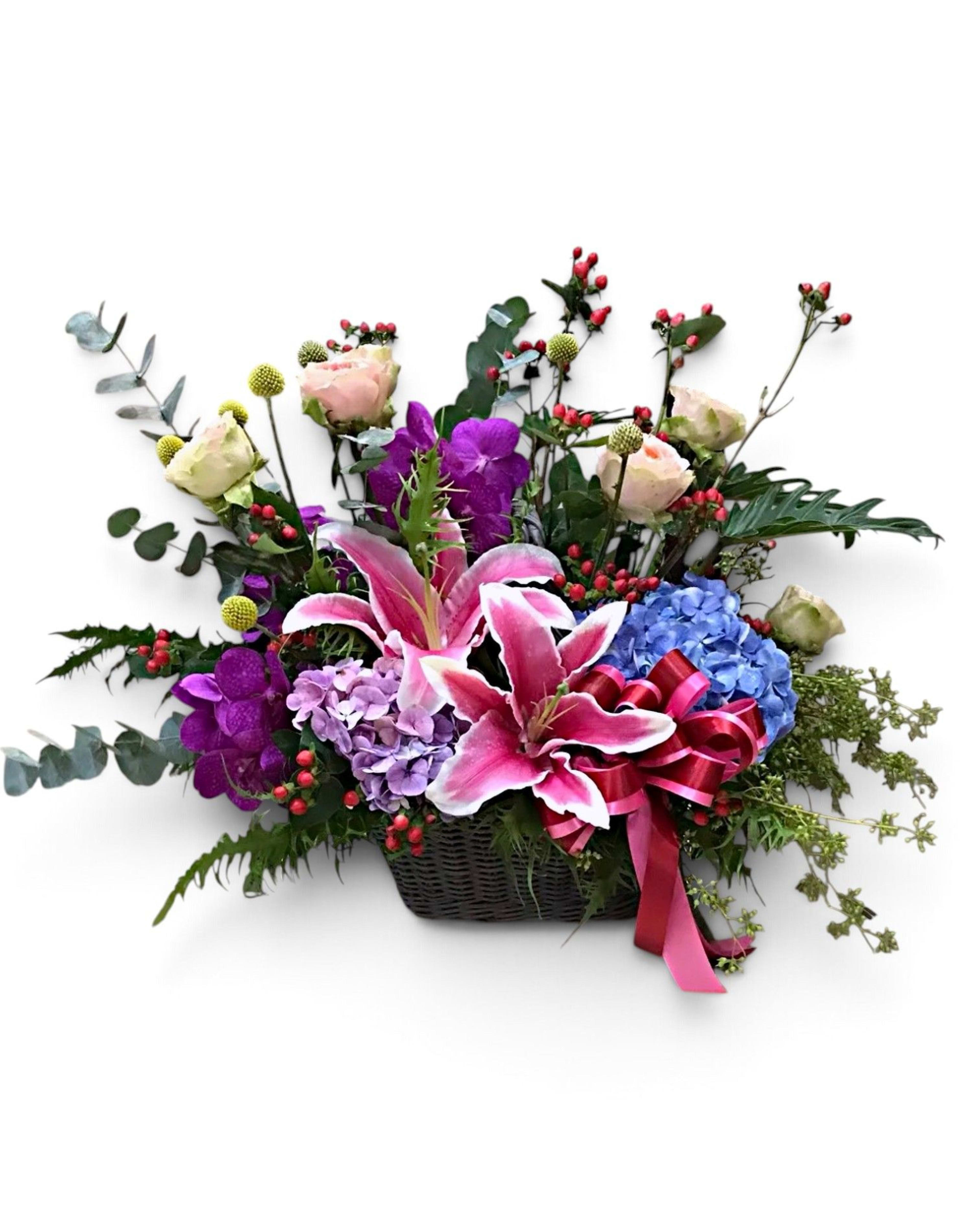 Jewel Garden Stargazer Lily, Vanda Orchid & Hydrangea Basket