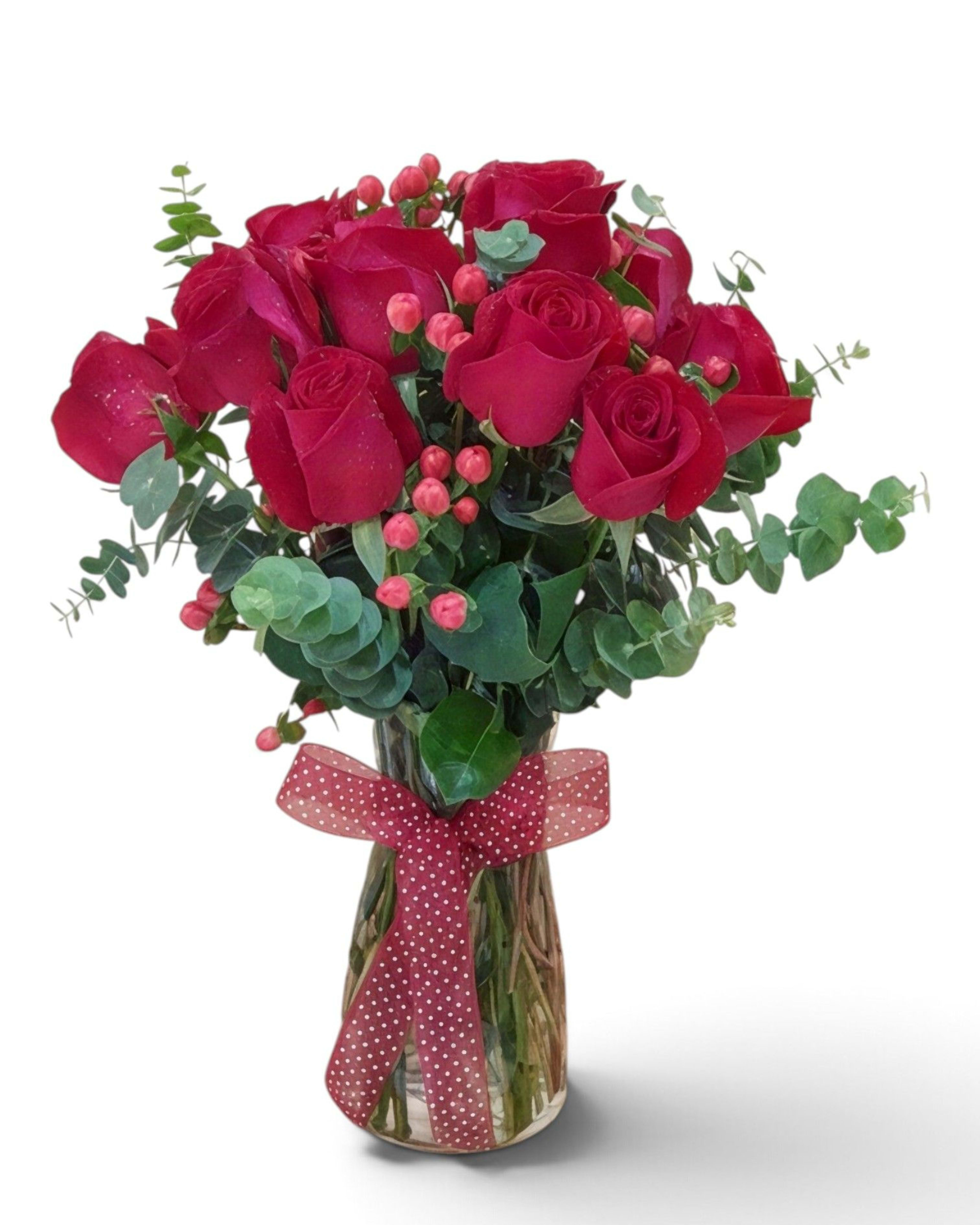 Red Berry Vase Red Rose & Hypericum Arrangement