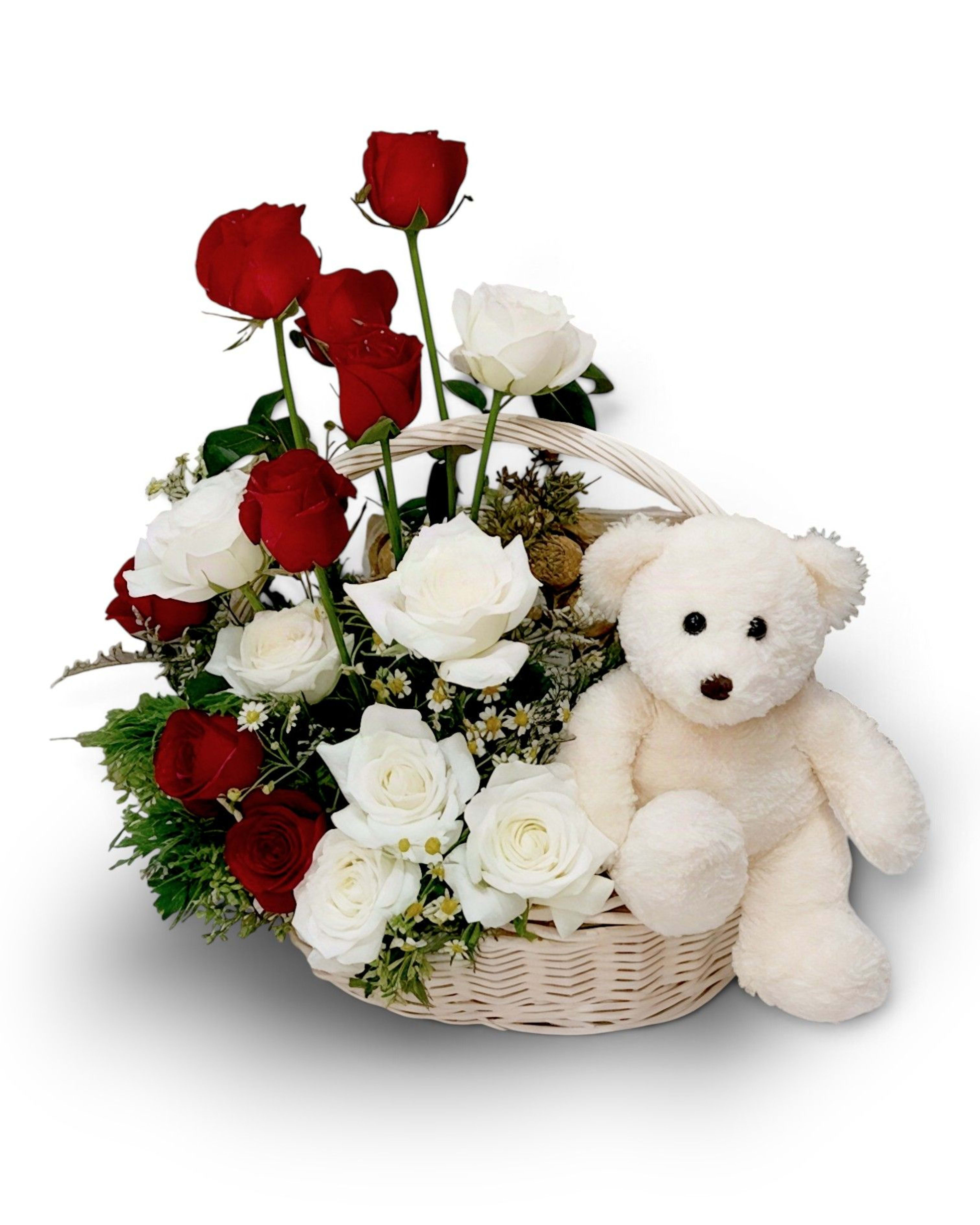 Royal Love Basket Red & White Rose, Teddy Bear & Ferrero Rocher