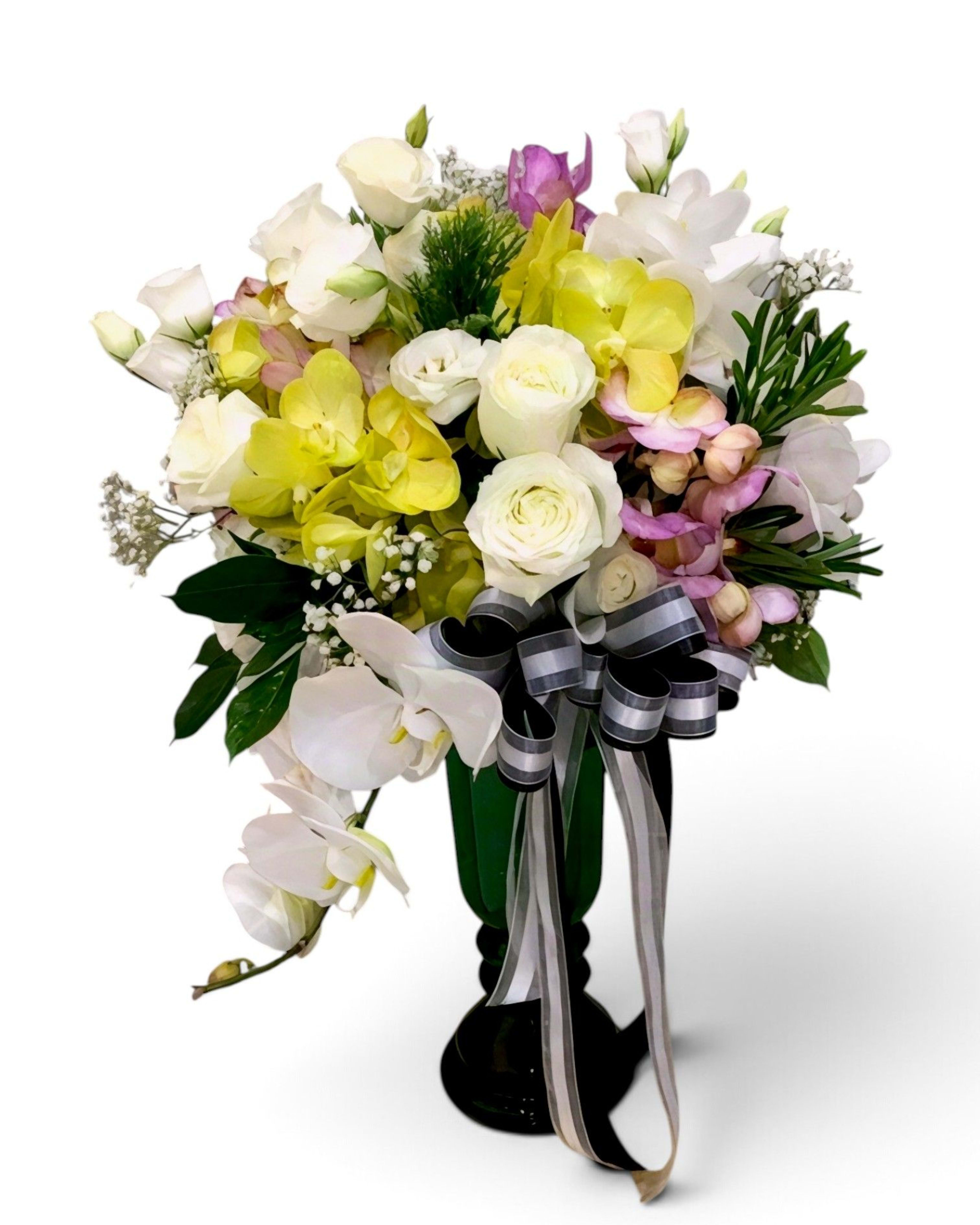 Orchid Blanc Triple Orchid & White Rose Vase in Black Glass