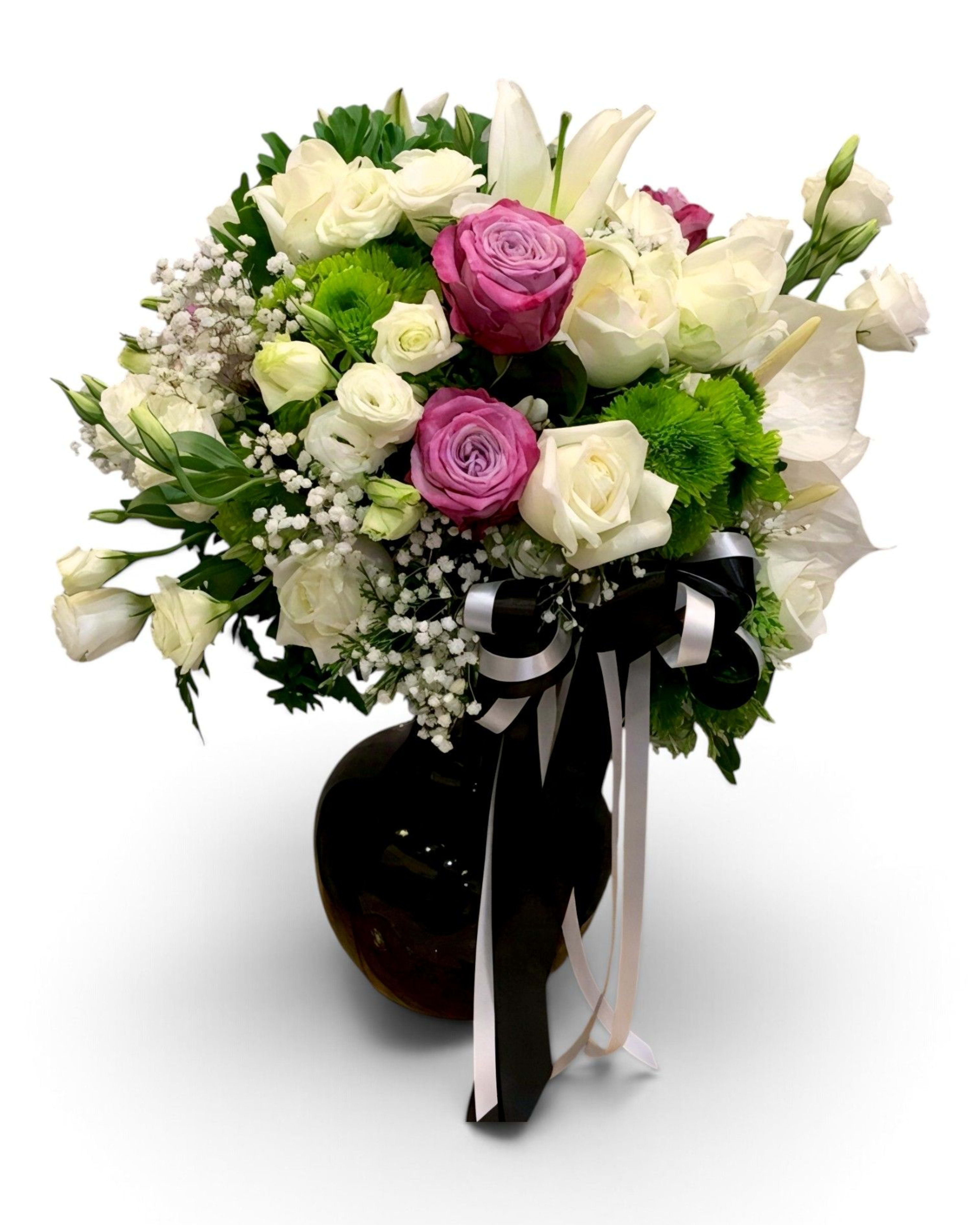 Monochrome Garden White Rose, Lily & Green Chrysanthemum in Black Vase