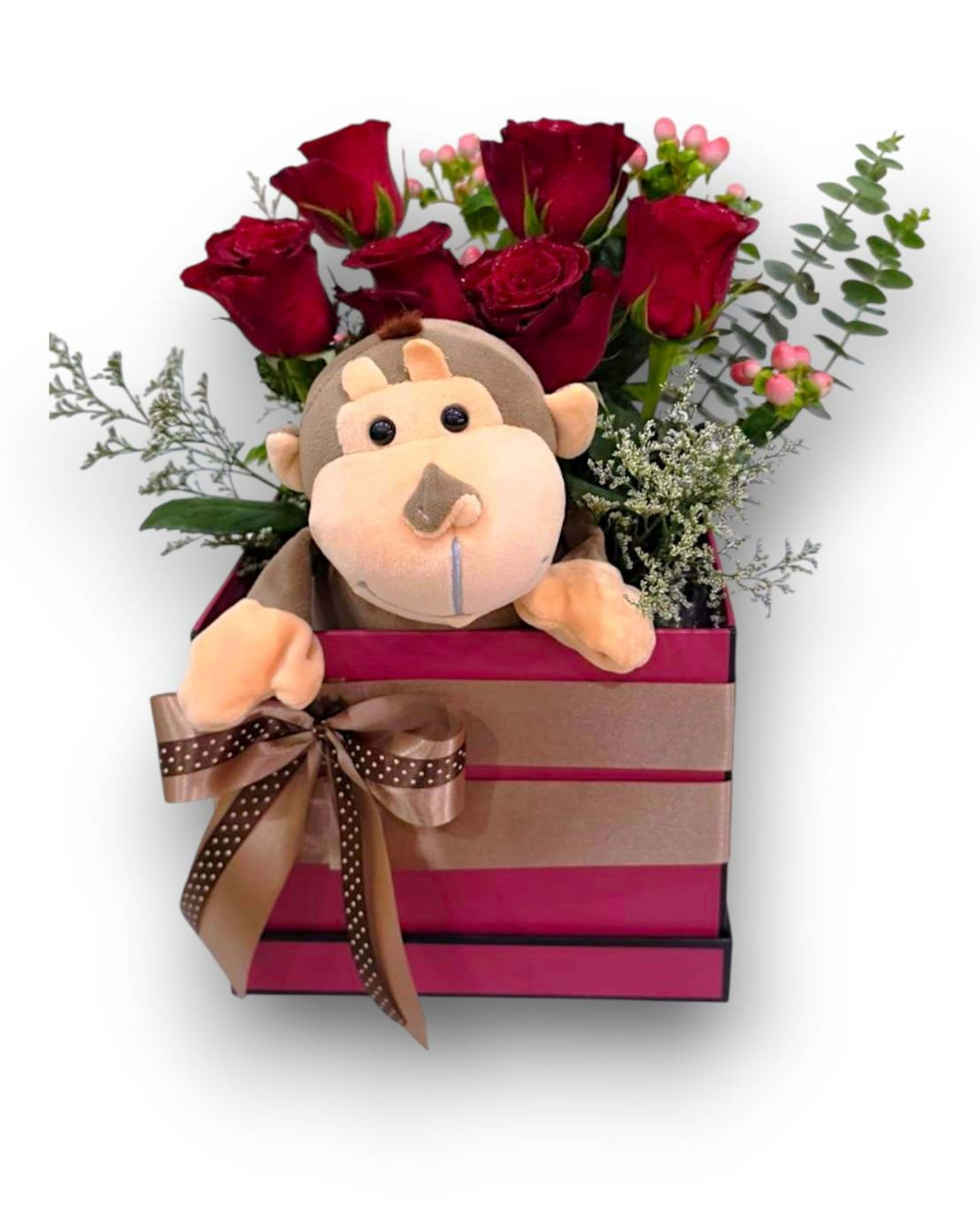 Red Rose & Monkey Plush Gift Box with Hypericum and Eucalyptus
