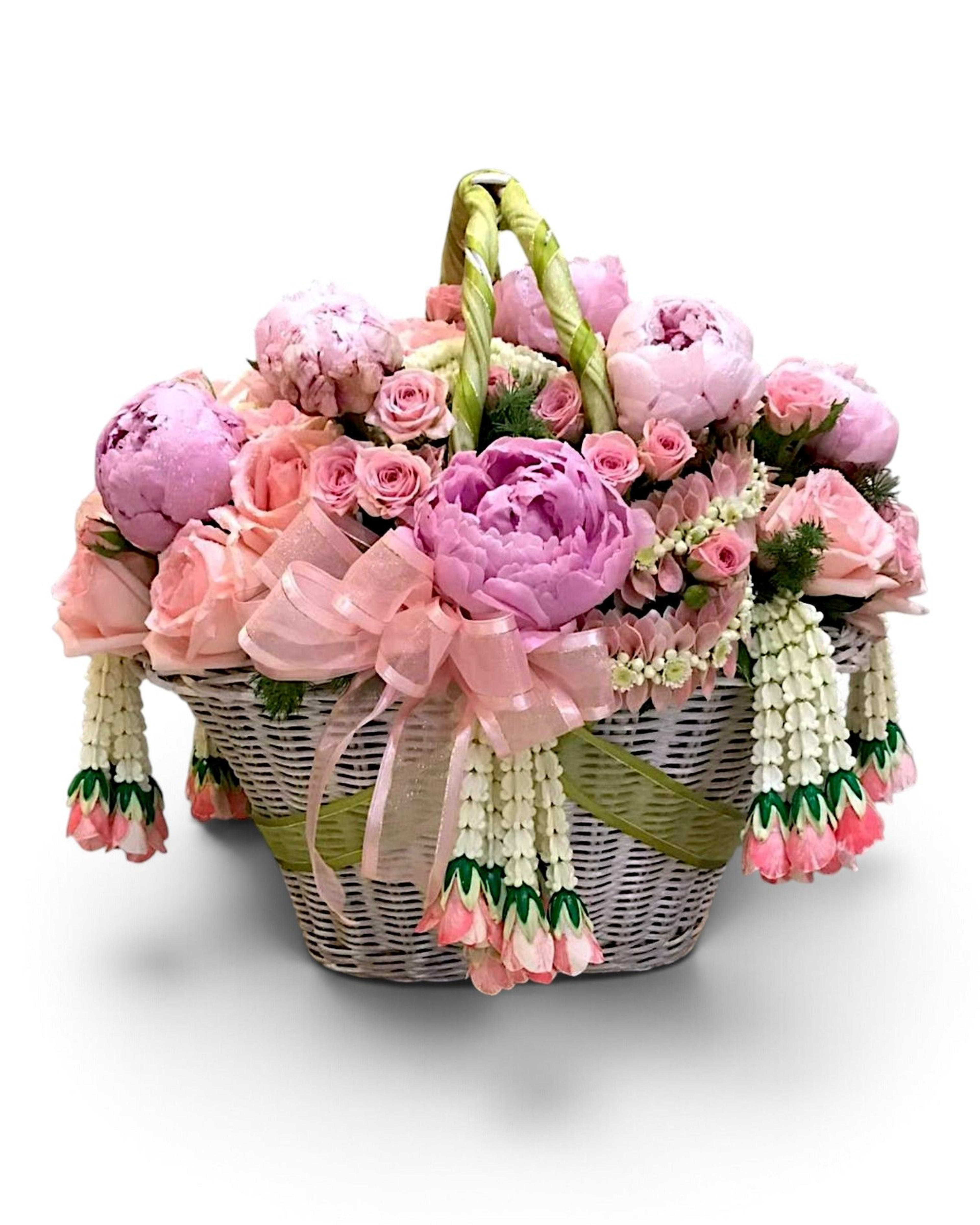 Thai Peony Romance Peony & Rose Basket with Dok Rak Garland