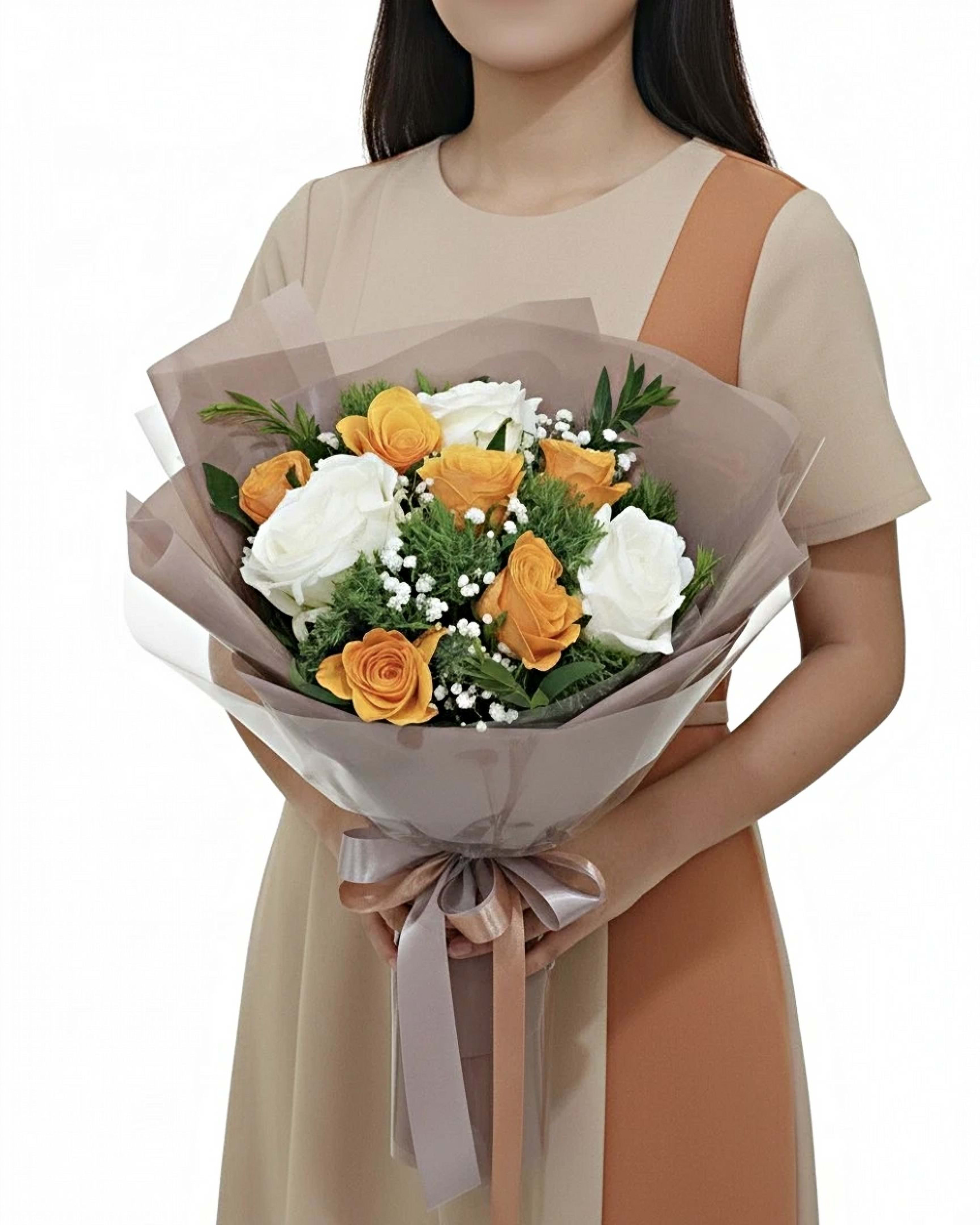 Sunny White Orange & White Rose Bouquet