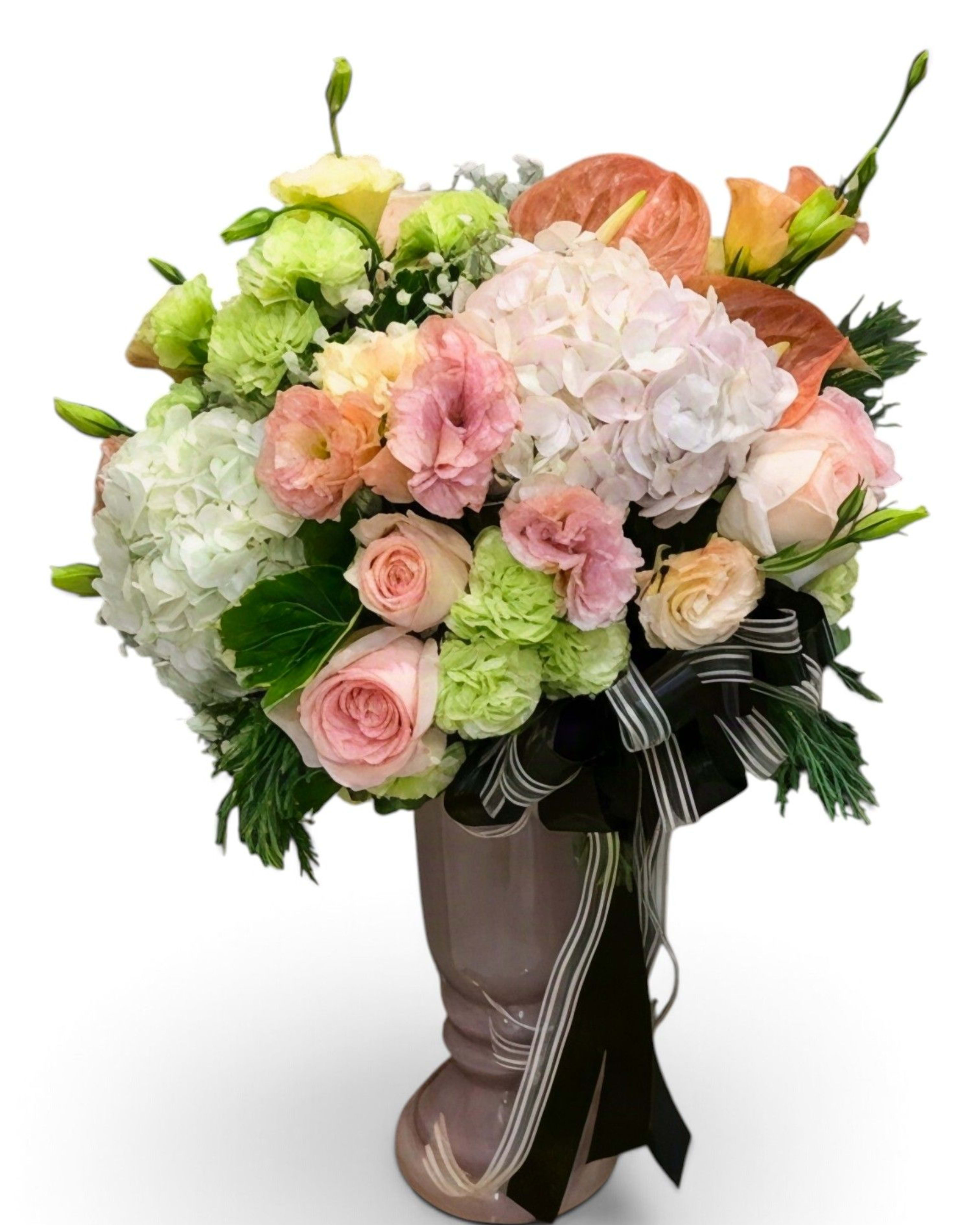 Peach Blossom Hydrangea, Peach Rose & Anthurium Premium Vase
