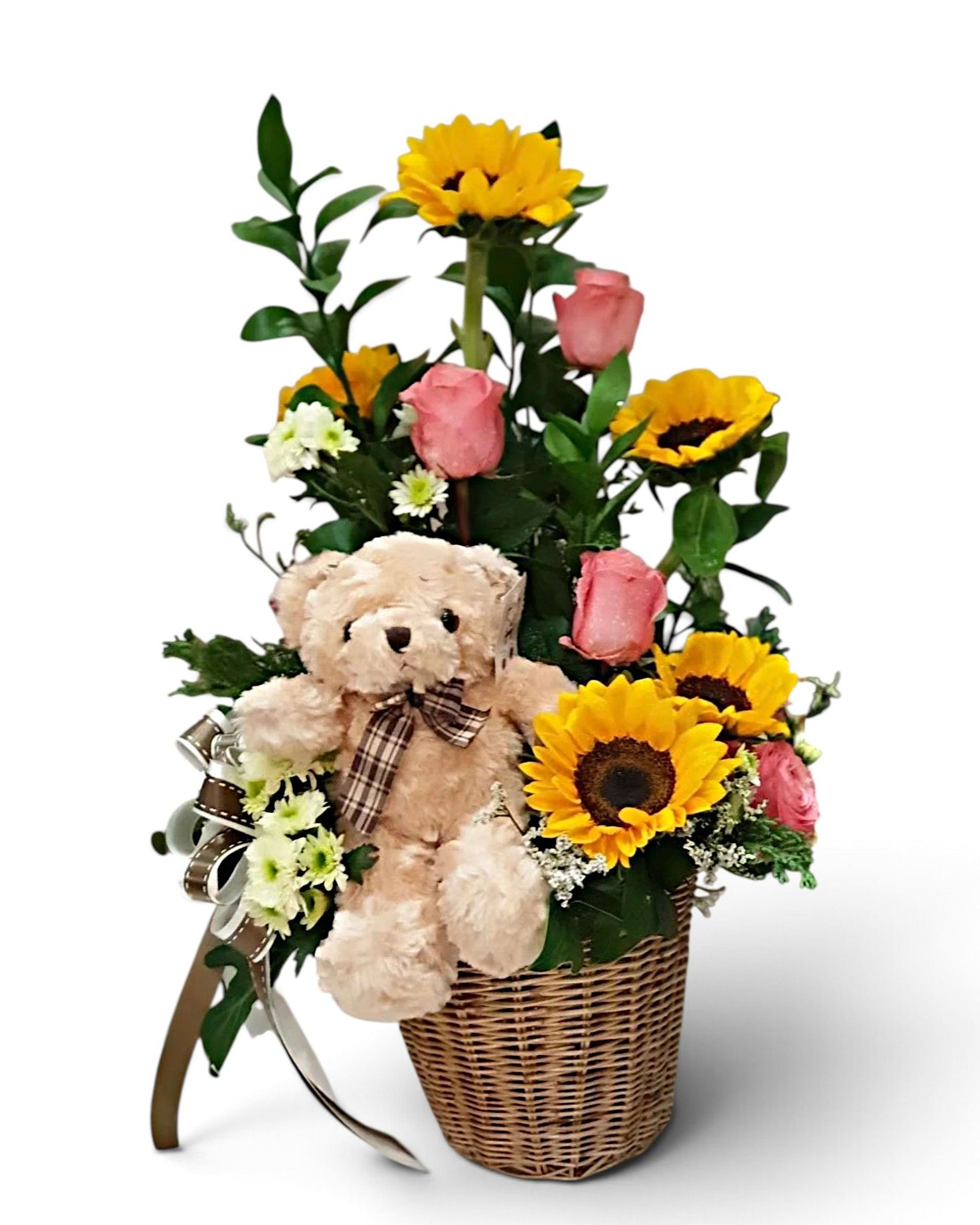 Sunny Bear Sunflower & Pink Rose Basket with Teddy Bear