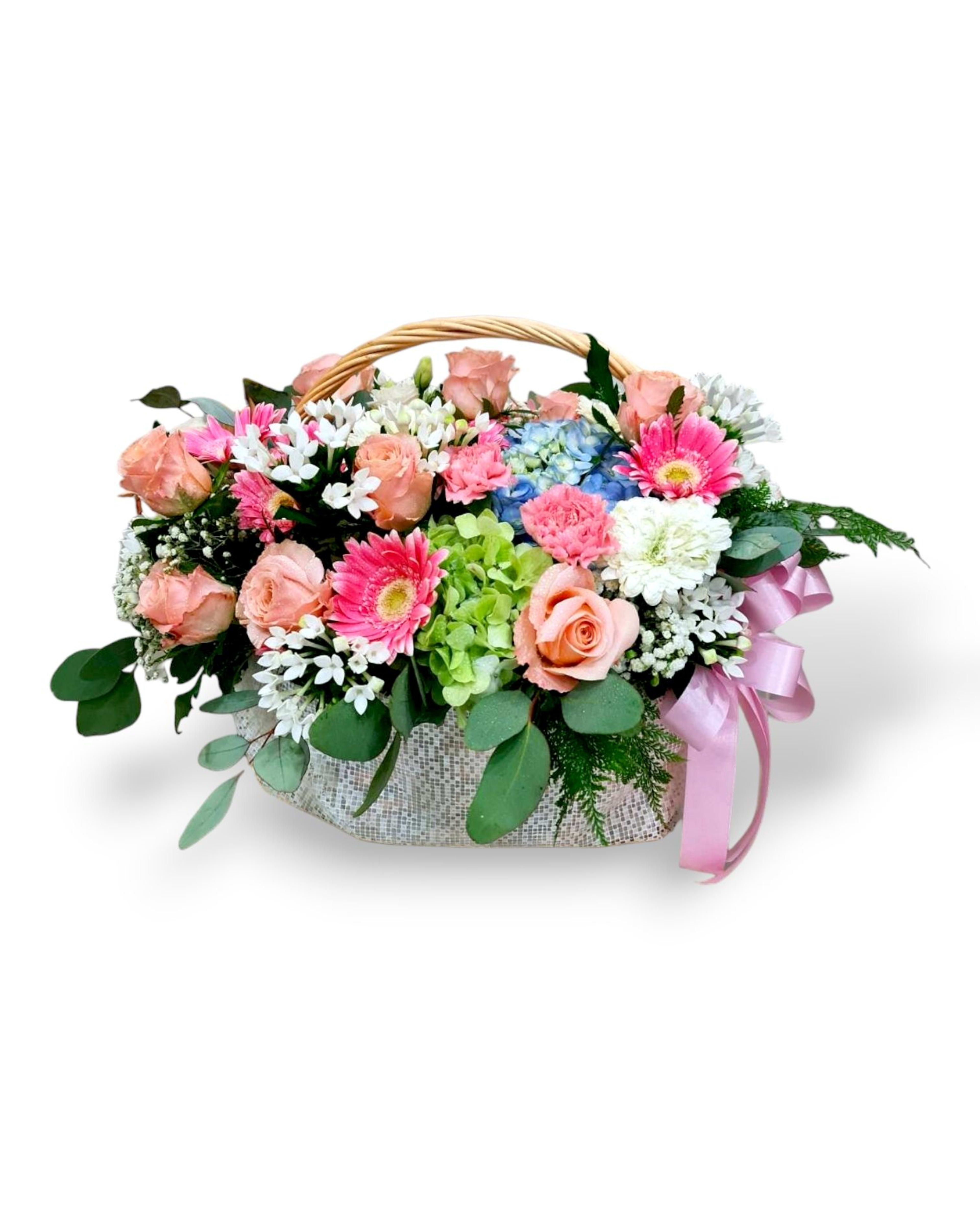 Sweet Garden Vintage Pastel Mixed Flower Basket