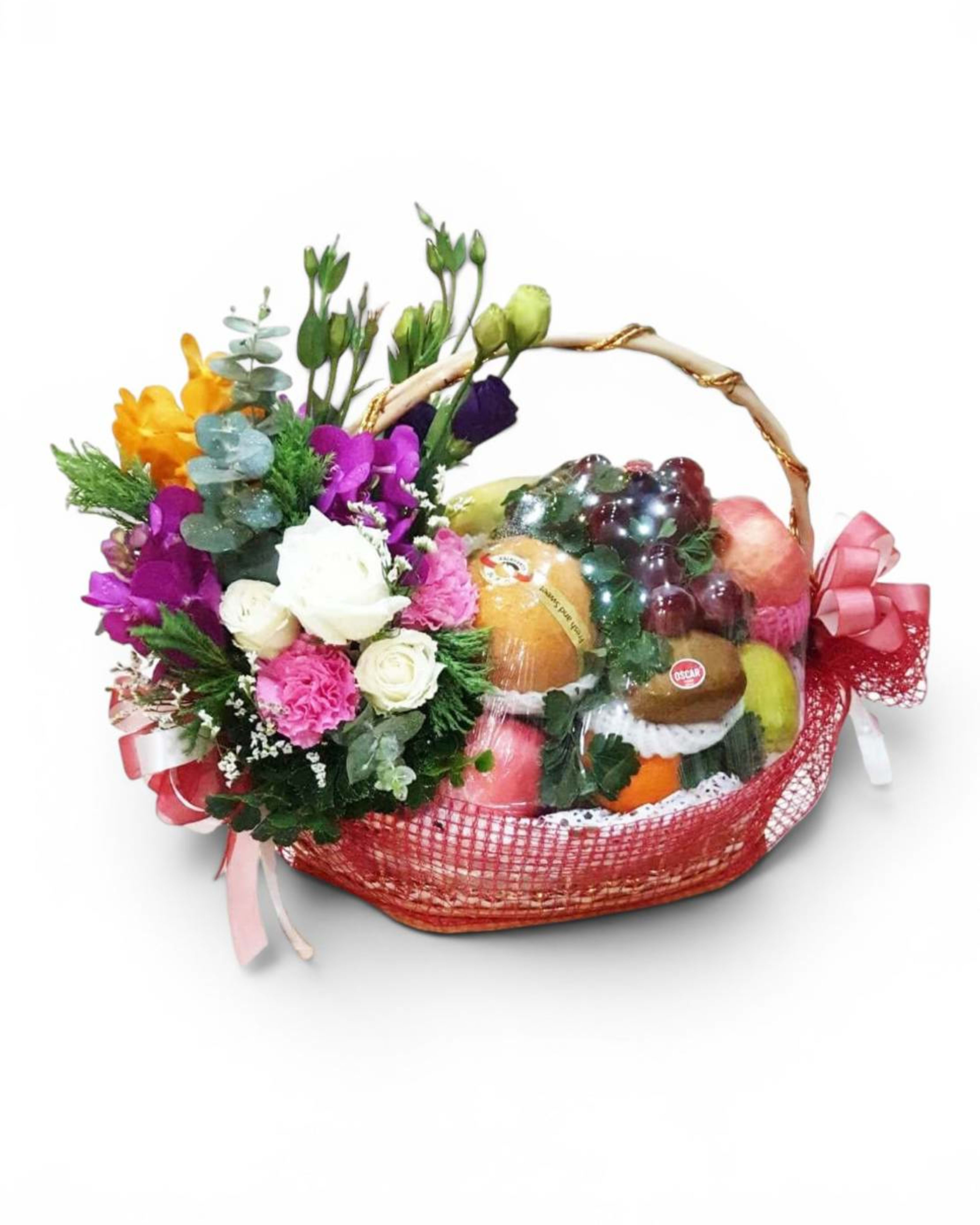 Colorful Fruit & Flower Basket — Premium Fruits with Mixed Flower Arrangement