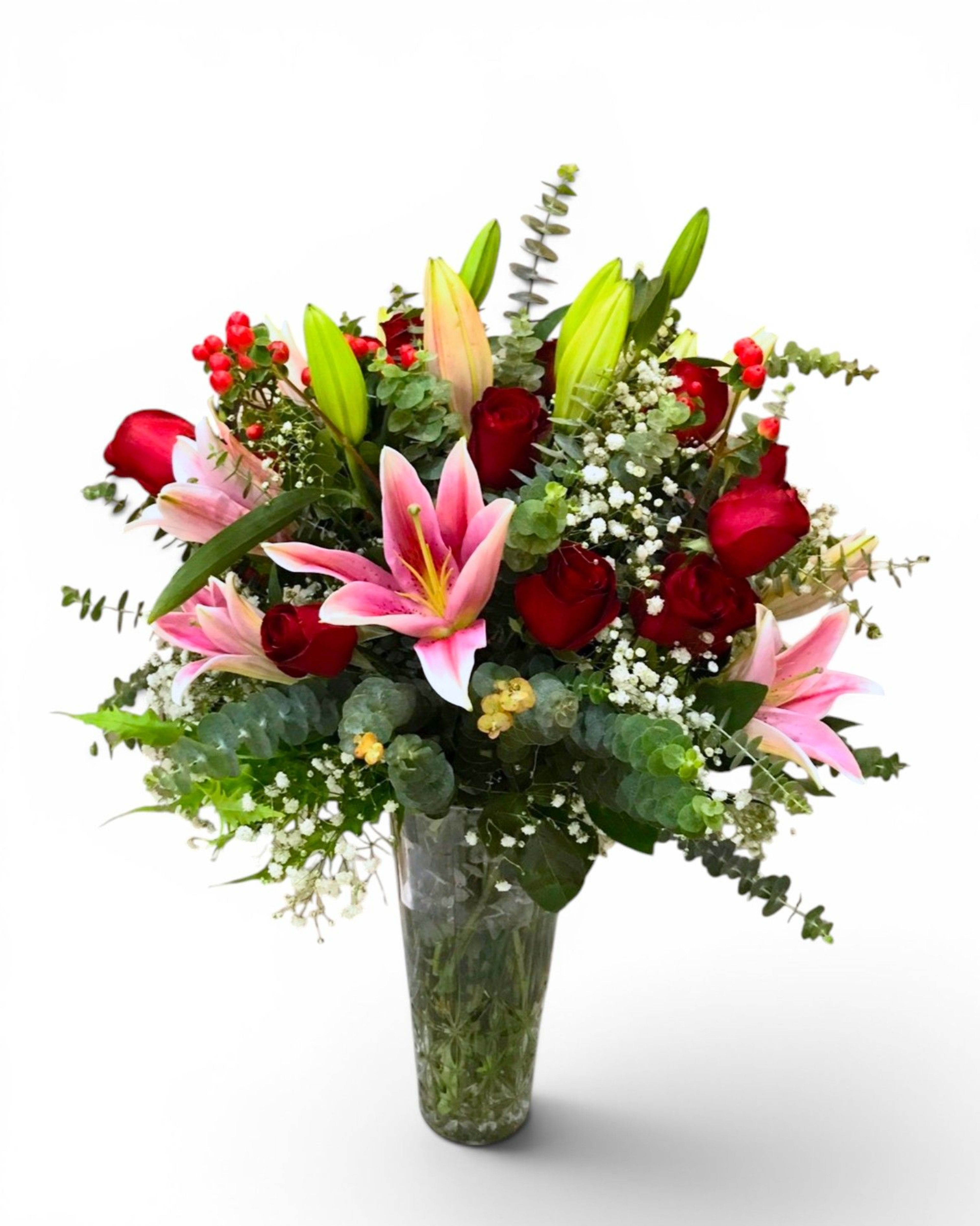 Red & Pink Romance Rose and Lily Vase
