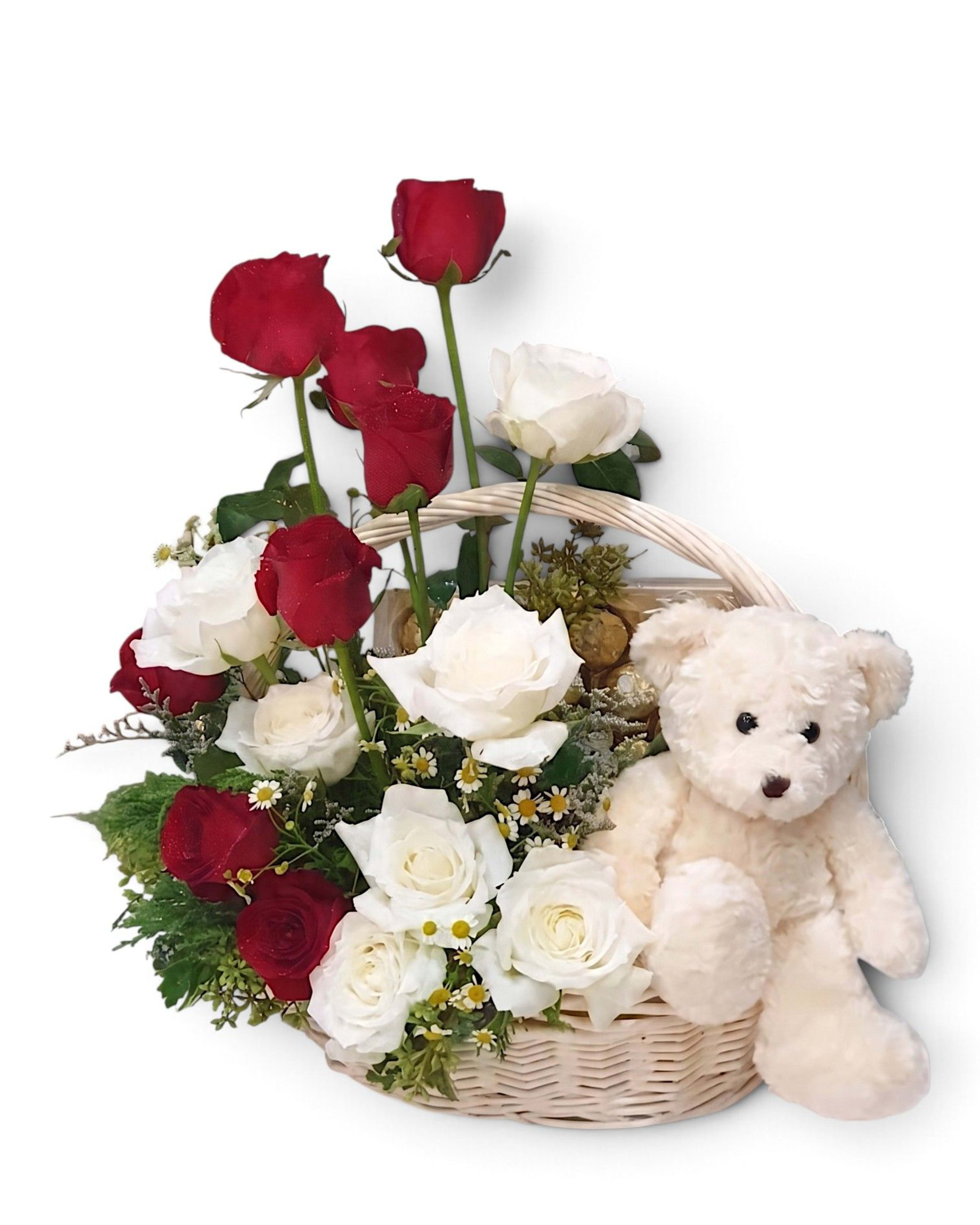 Royal Love Basket Red & White Rose, Teddy Bear & Ferrero Rocher