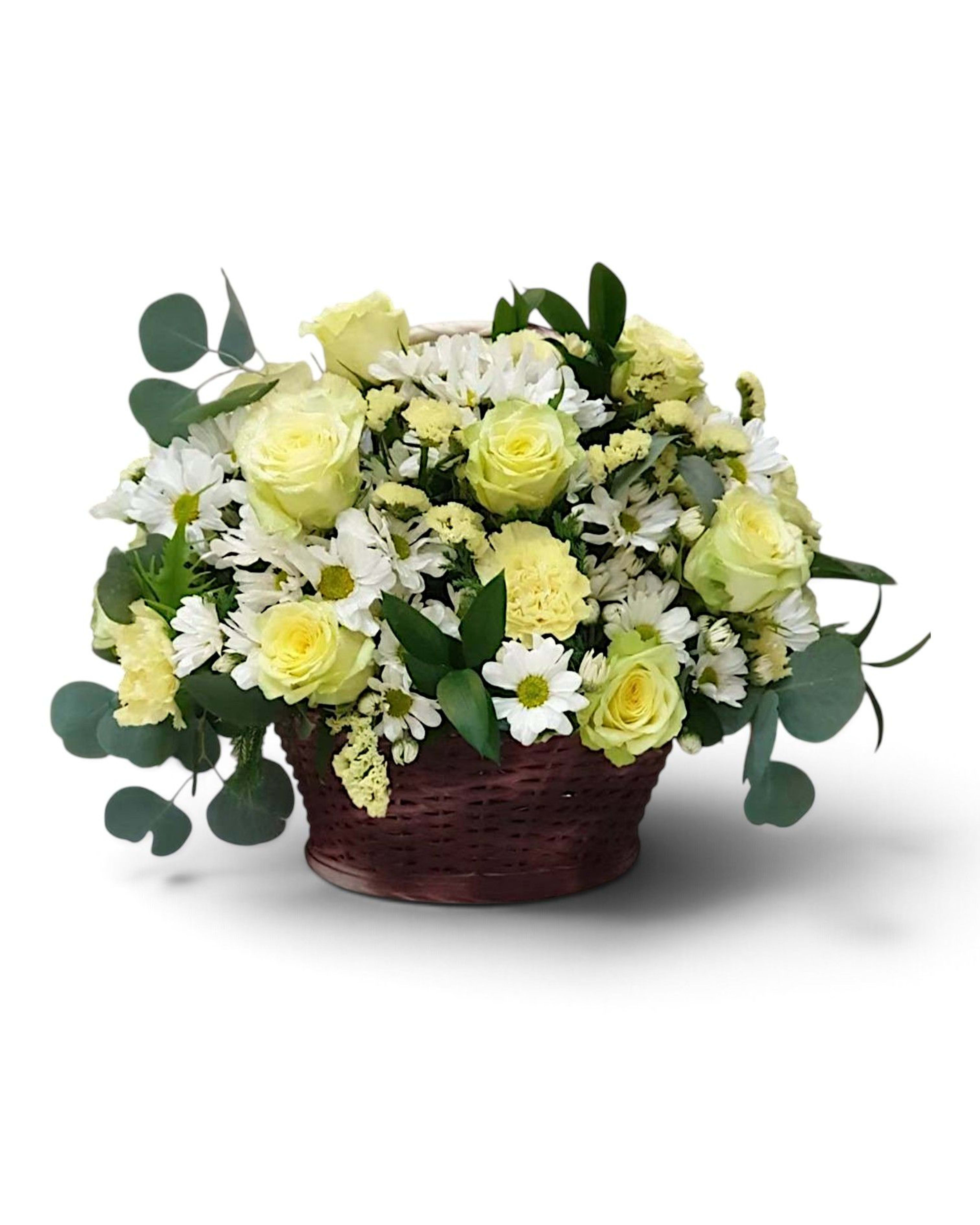 Fresh & Pure White and Green Rose and Chrysanthemum Basket