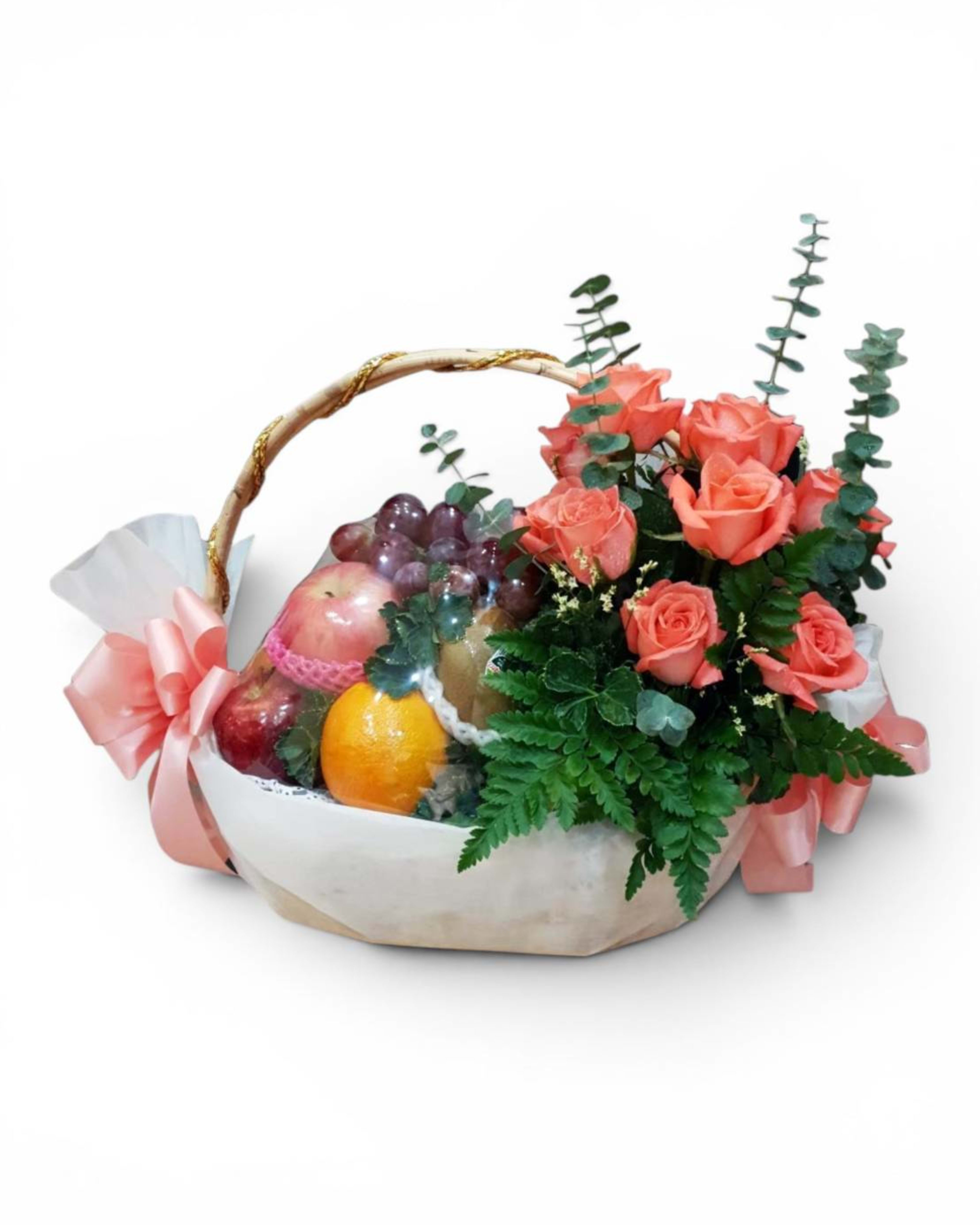 Peach Rose Fruit Basket — Fresh Fruits with Peach Rose Arrangement