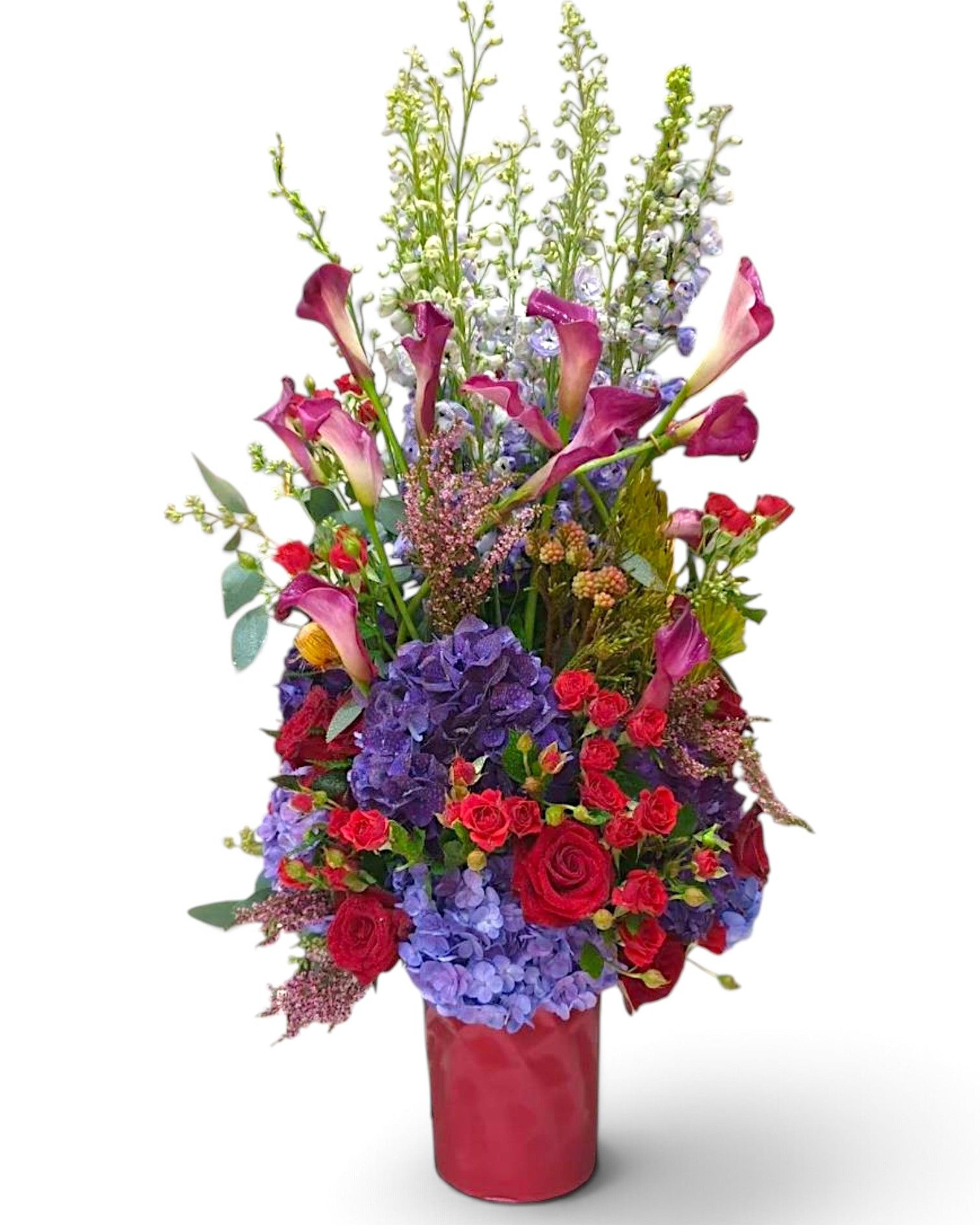 Violet Majesty Calla Lily, Hydrangea & Delphinium Premium Vase