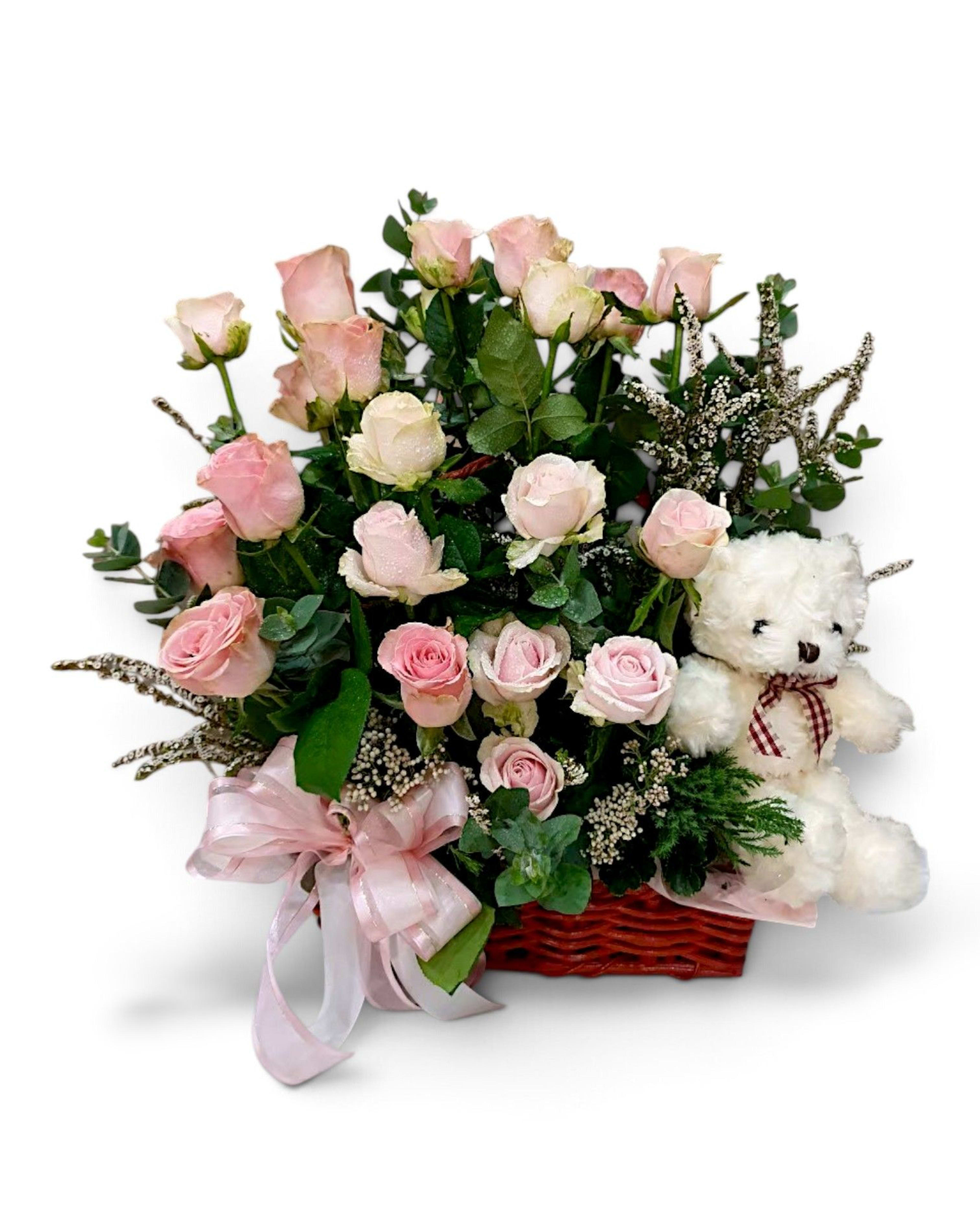 Sweet Pink Bear Basket Pink Rose & Teddy Bear Arrangement